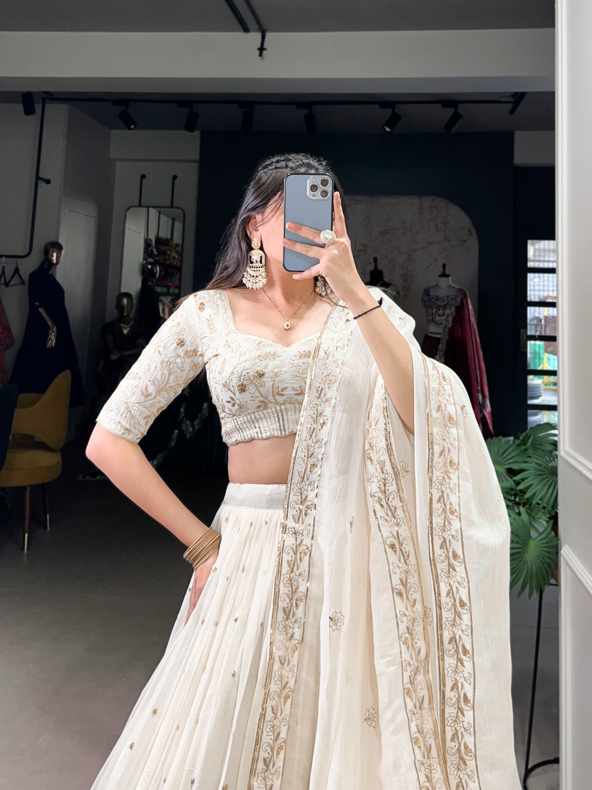 Off White Silver Glossy Sequins Embroidered Lehenga Choli - ETHNICDEAL