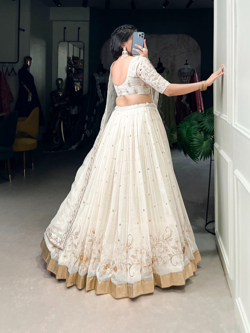 Off White Silver Glossy Sequins Embroidered Lehenga Choli - ETHNICDEAL