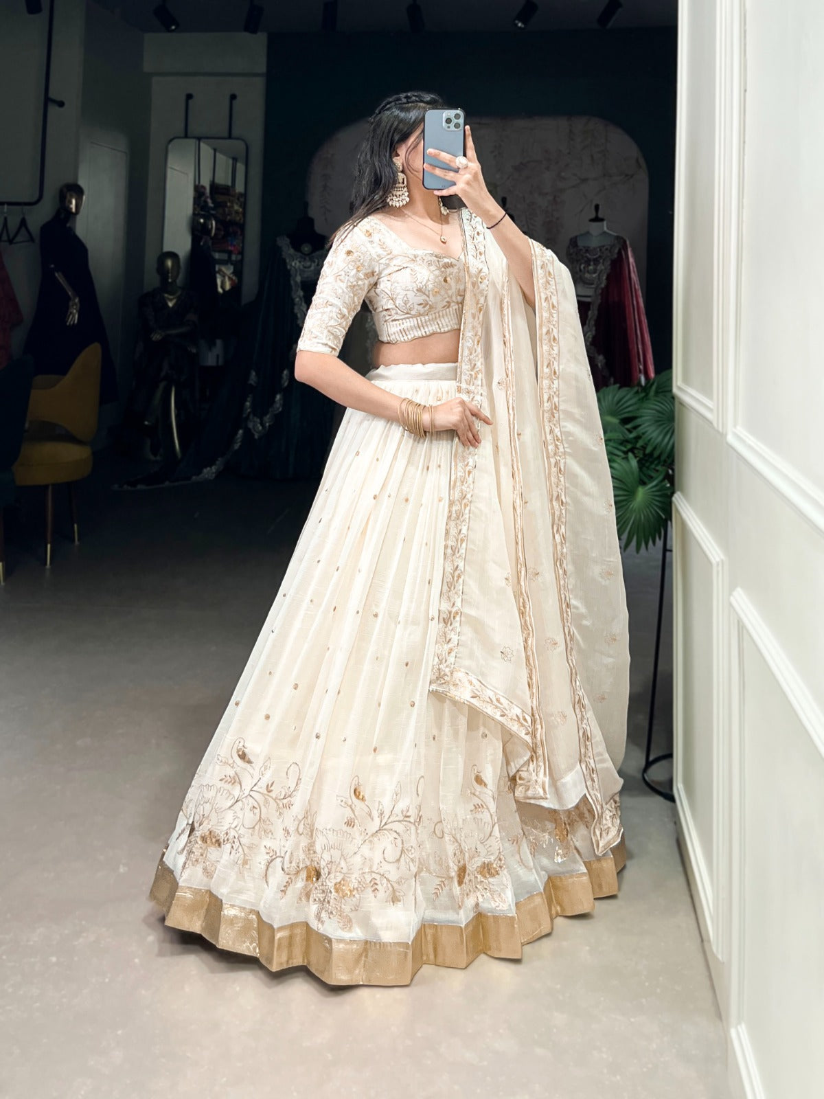 Off White Silver Glossy Sequins Embroidered Lehenga Choli - ETHNICDEAL