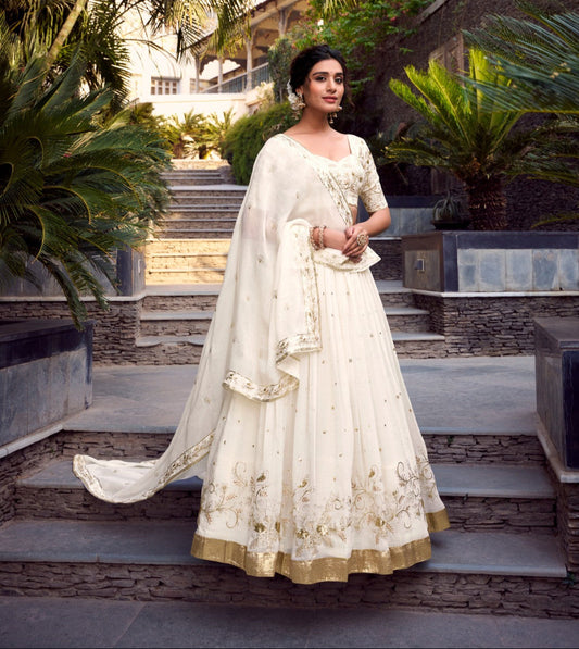 Off White Silver Glossy Sequins Embroidered Lehenga Choli - ETHNICDEAL