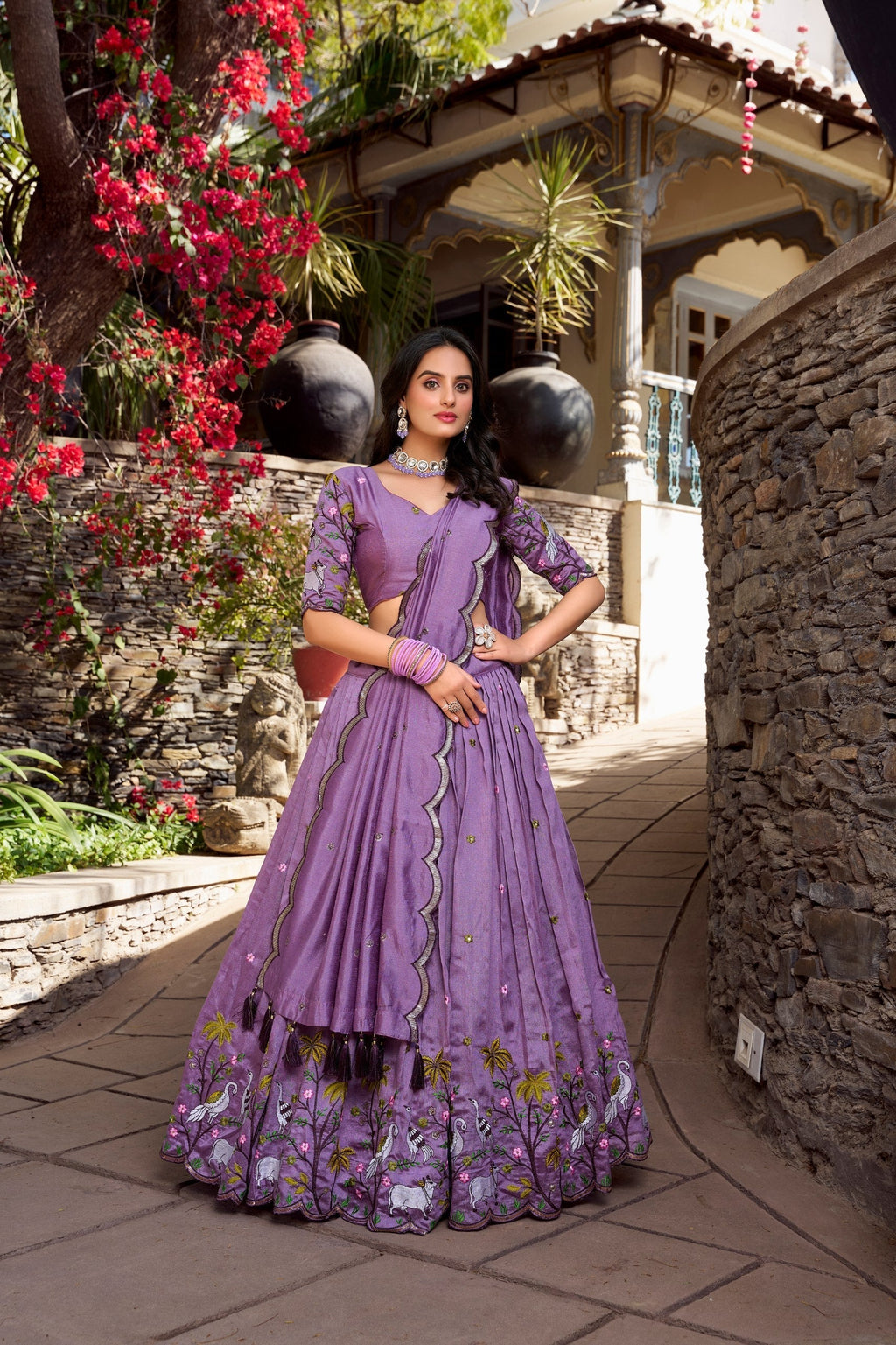 Fetching Lavender Vichitra Simmer Thread Sequins Worked Lehenga Choli - ETHNICDEAL