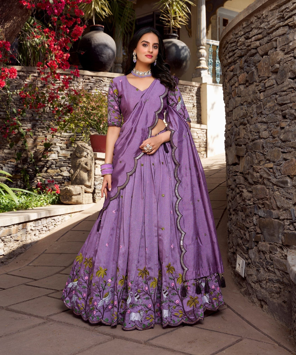 Fetching Lavender Vichitra Simmer Thread Sequins Worked Lehenga Choli - ETHNICDEAL