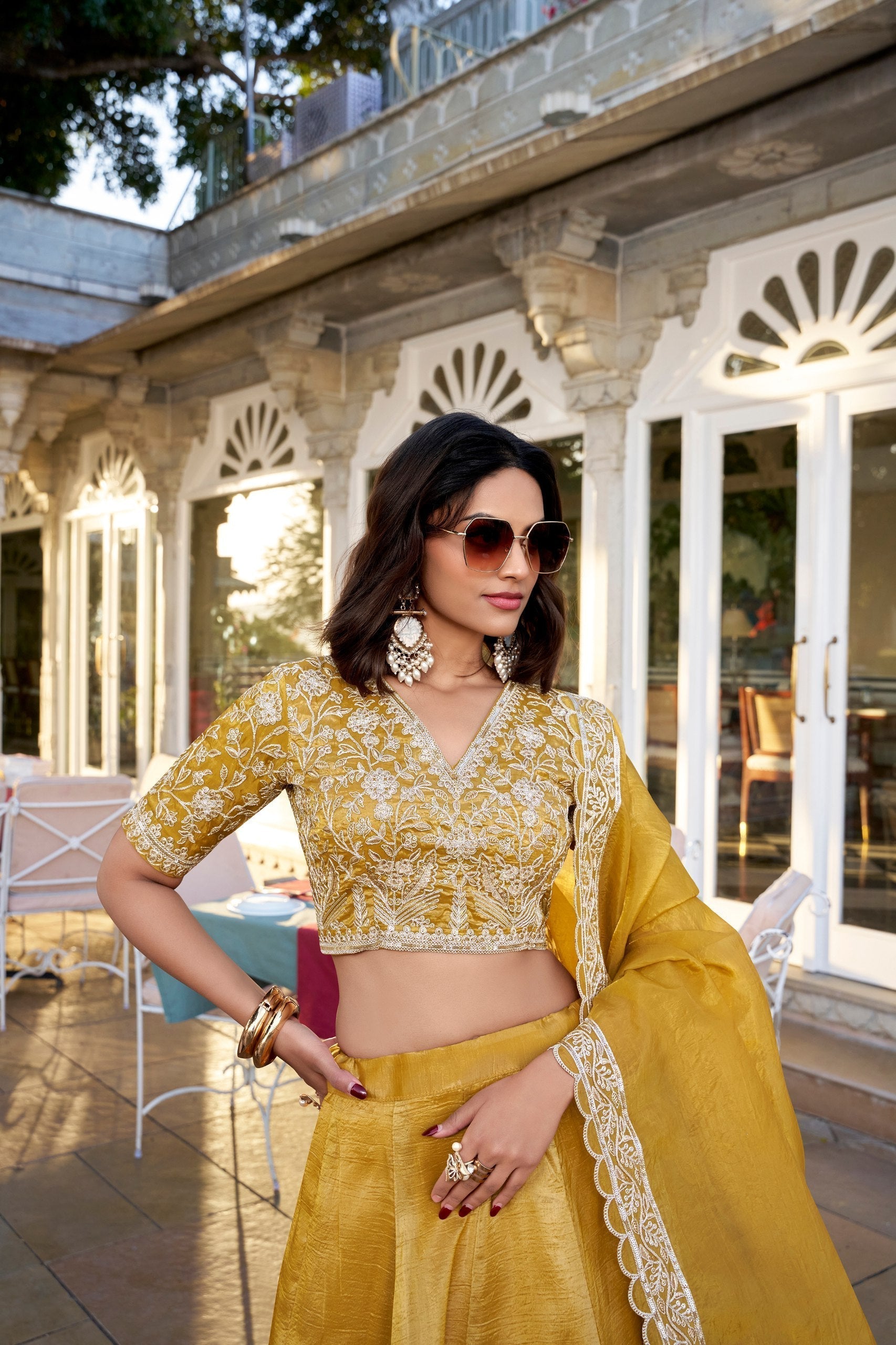 Lovely Mustard Goldie Sequins Thread Worked Lehenga Choli - Ethnicwish