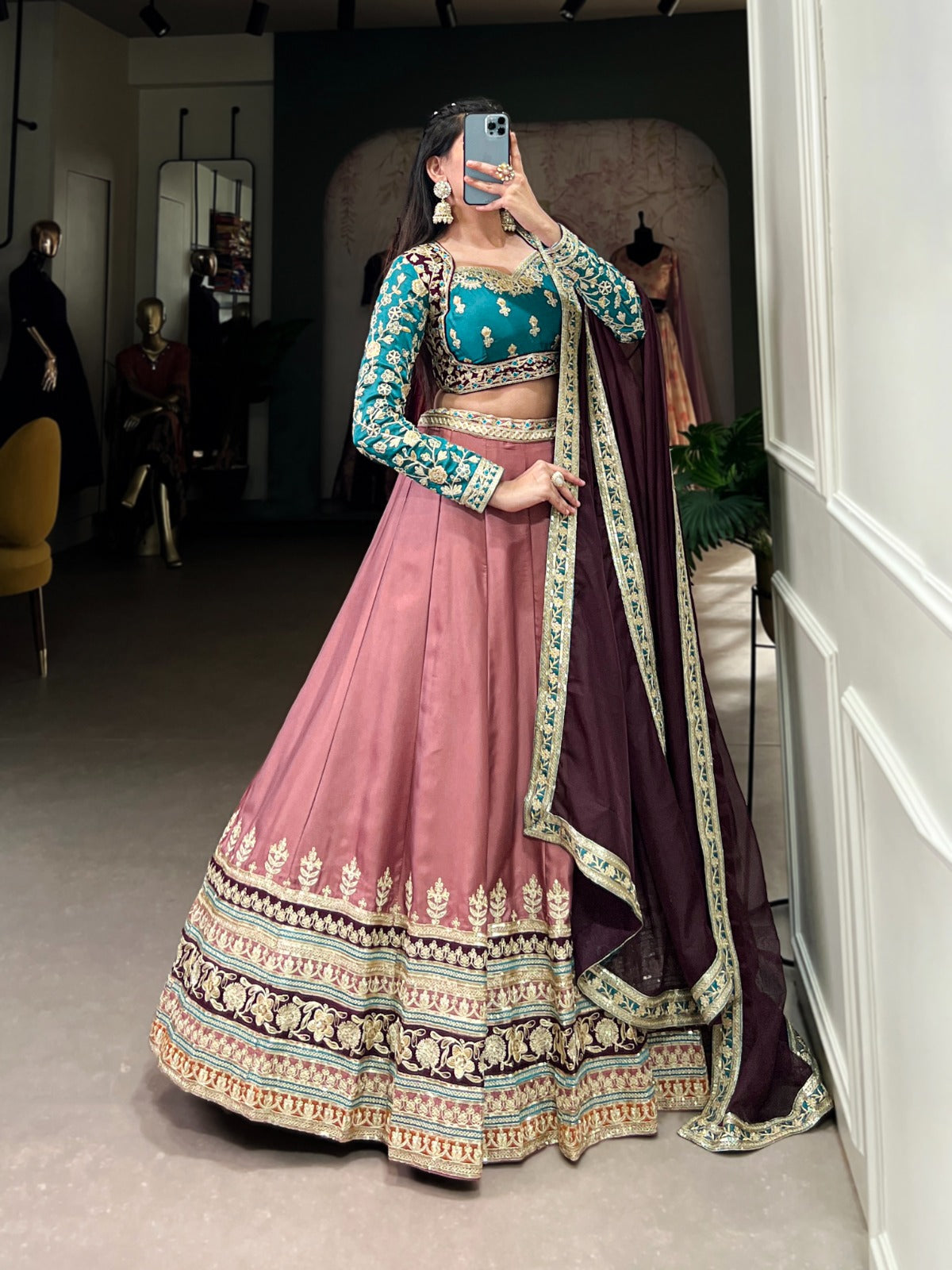 Elegant Moonga Silk Sequins Thread Worked Lehenga Choli - Ethnicwish