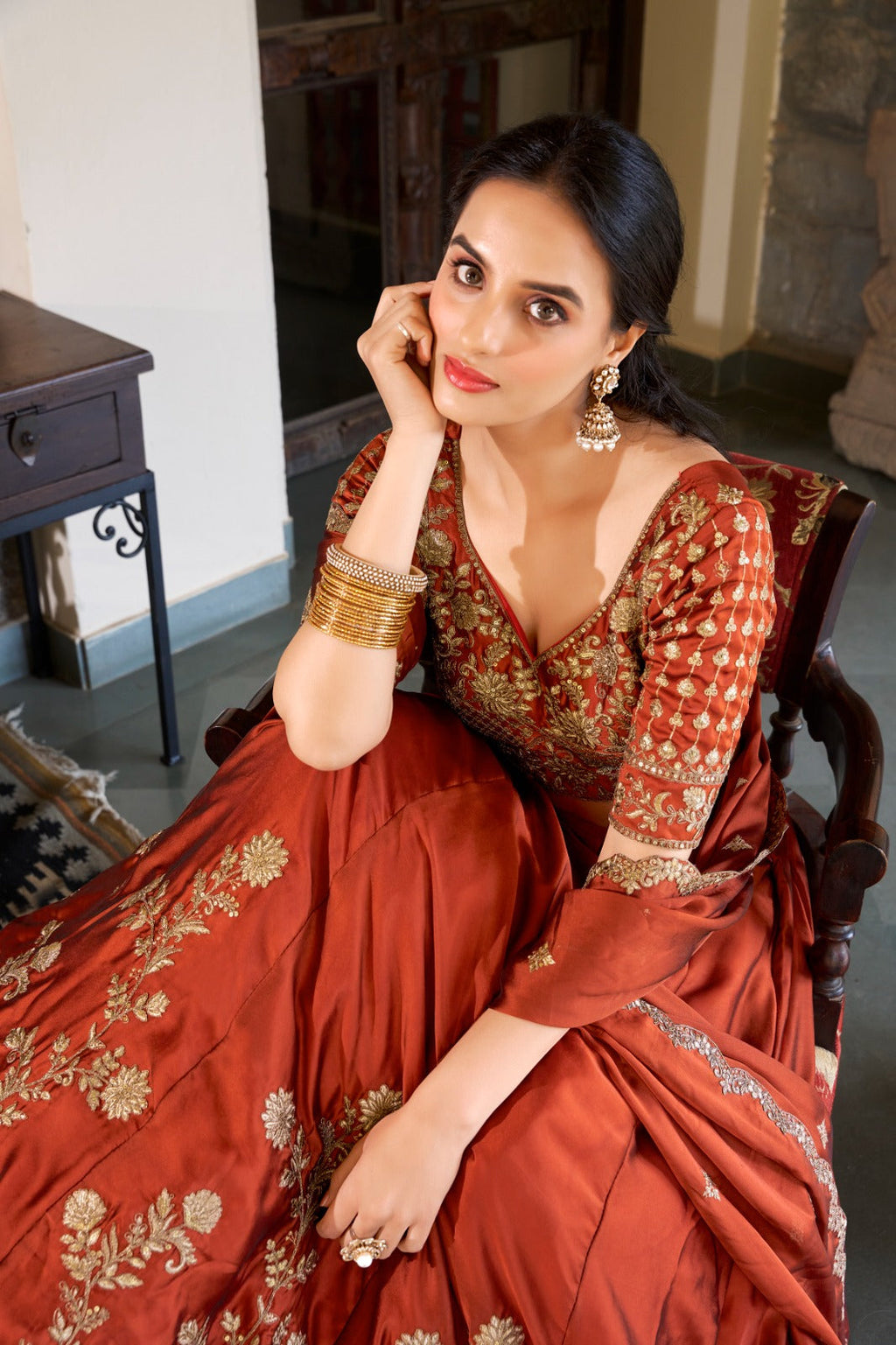 Rust Rangoli Silk Sequins Thread Worked Lehenga Choli Set - ETHNICDEAL