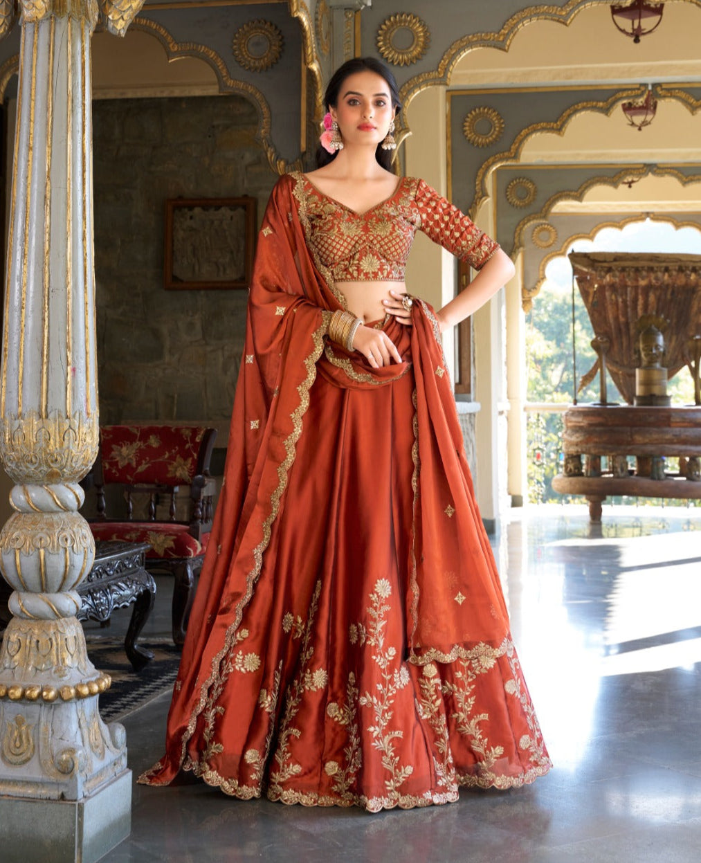 Rust Rangoli Silk Sequins Thread Worked Lehenga Choli Set - ETHNICDEAL