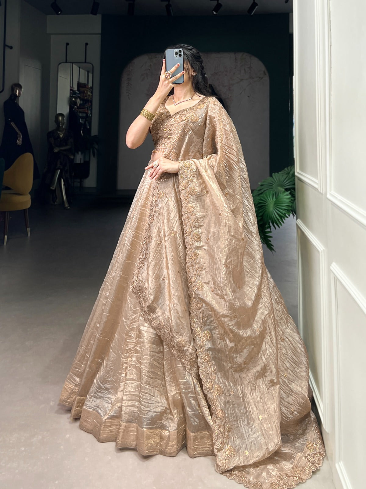 Attractive Chikoo Gold Crush Sequins Thread Worked Lehenga Choli - ETHNICDEAL