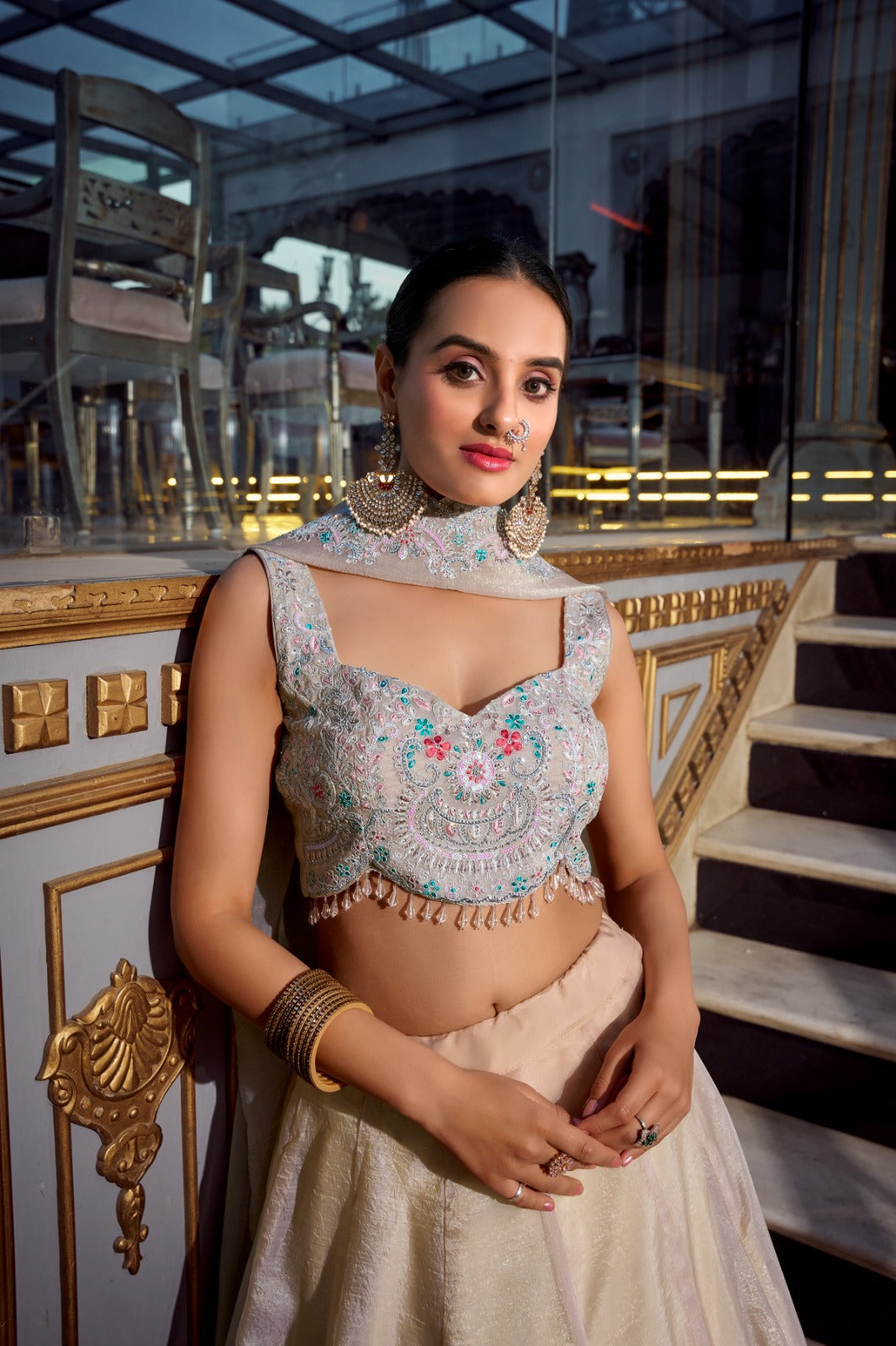 Magnificent Gold Crush Sequins Thread Diamond Worked Lehenga Choli - ETHNICDEAL