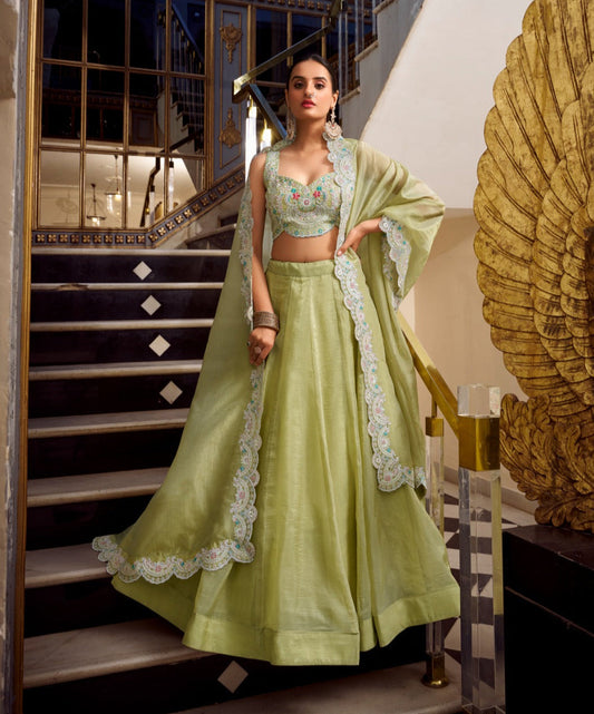 Magnificent Gold Crush Sequins Thread Diamond Worked Lehenga Choli - ETHNICDEAL