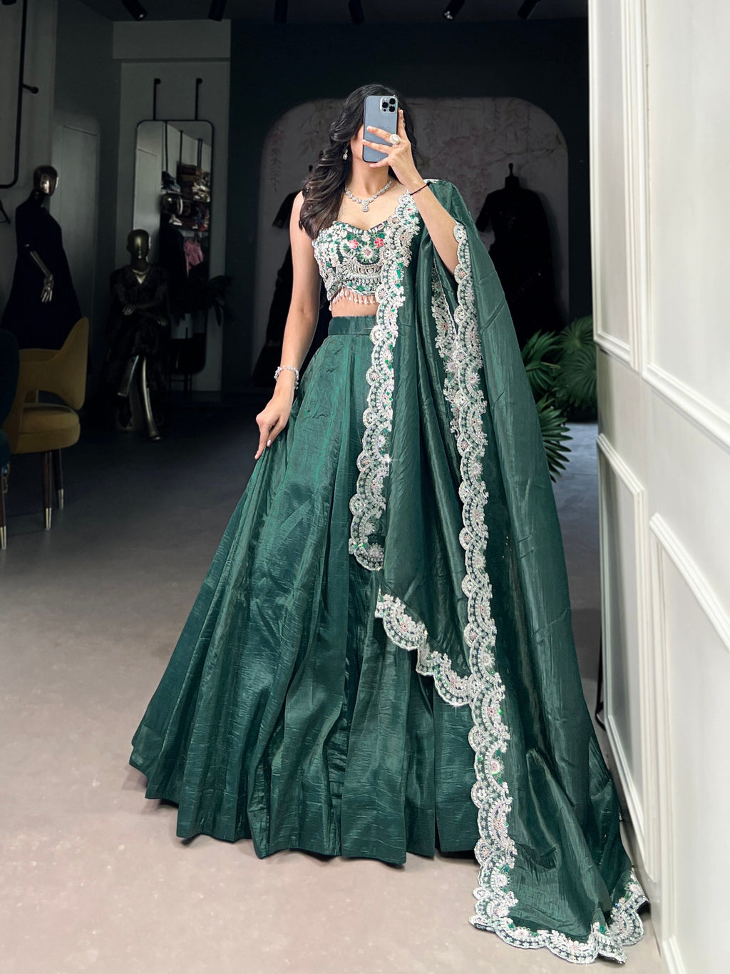 Magnificent Gold Crush Sequins Thread Diamond Worked Lehenga Choli - ETHNICDEAL