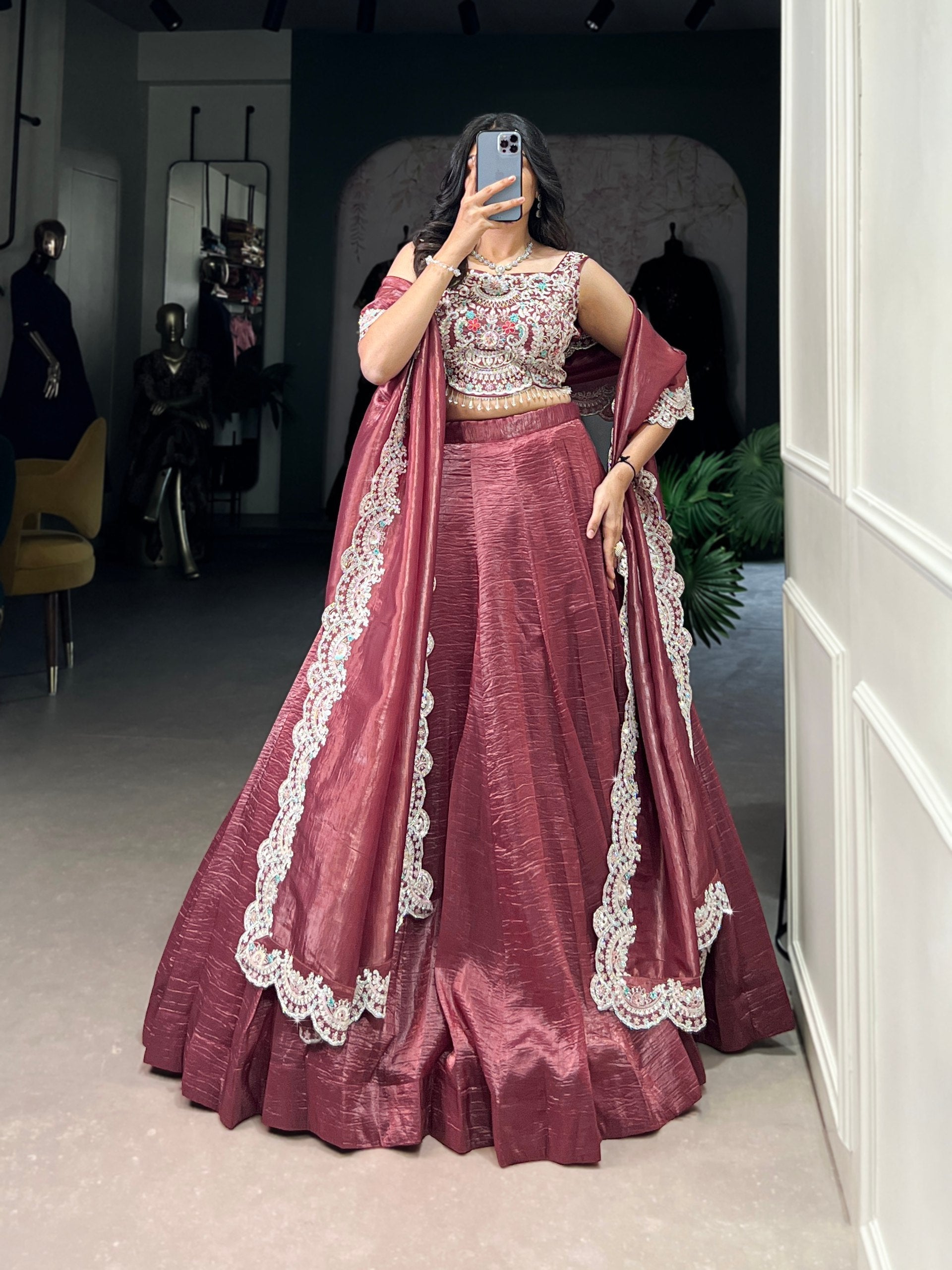 Magnificent Gold Crush Sequins Thread Diamond Worked Lehenga Choli - ETHNICDEAL