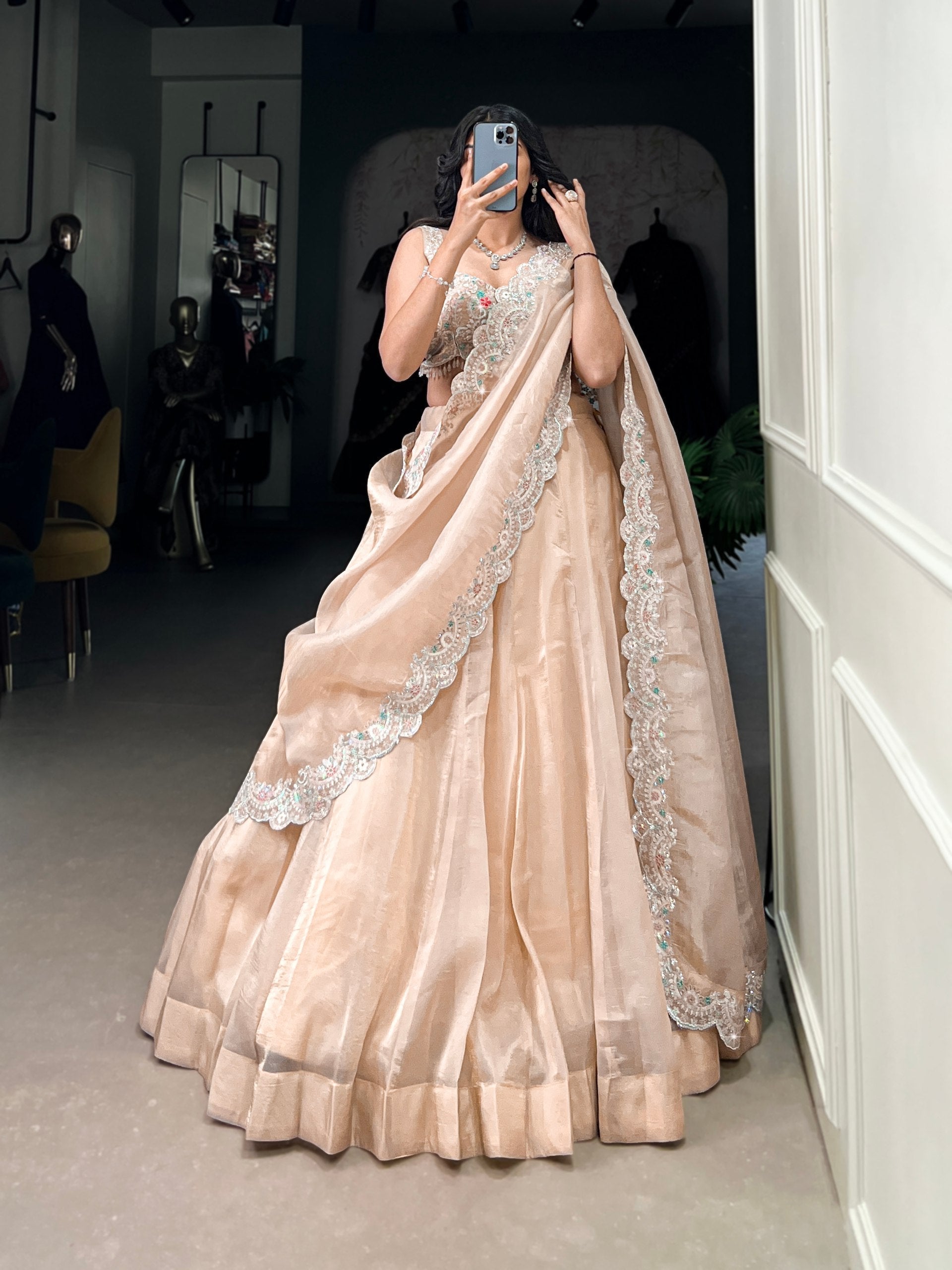 Magnificent Gold Crush Sequins Thread Diamond Worked Lehenga Choli - ETHNICDEAL