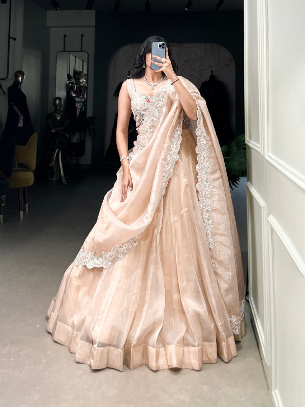 Magnificent Gold Crush Sequins Thread Diamond Worked Lehenga Choli - ETHNICDEAL