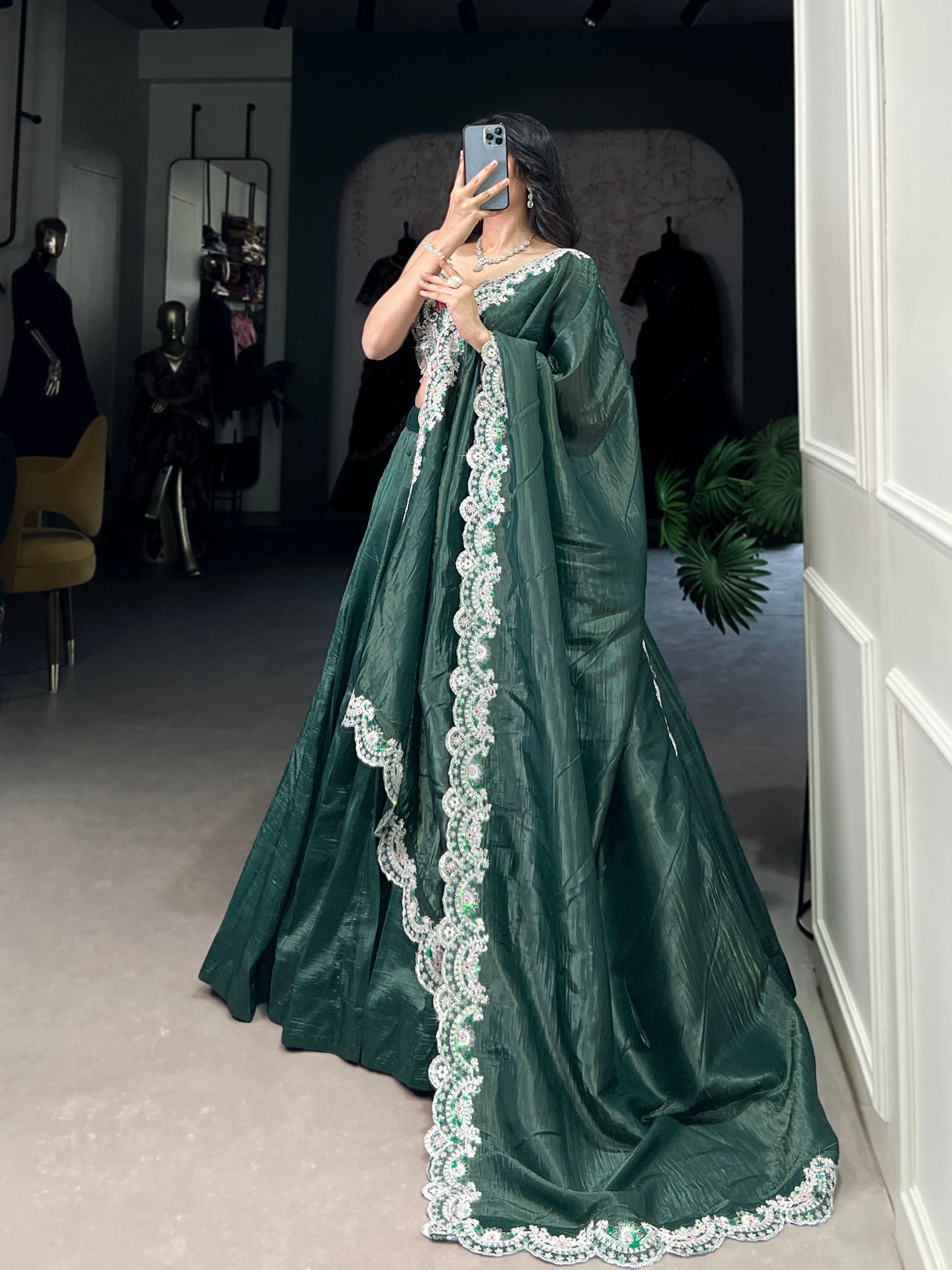 Magnificent Gold Crush Sequins Thread Diamond Worked Lehenga Choli - ETHNICDEAL