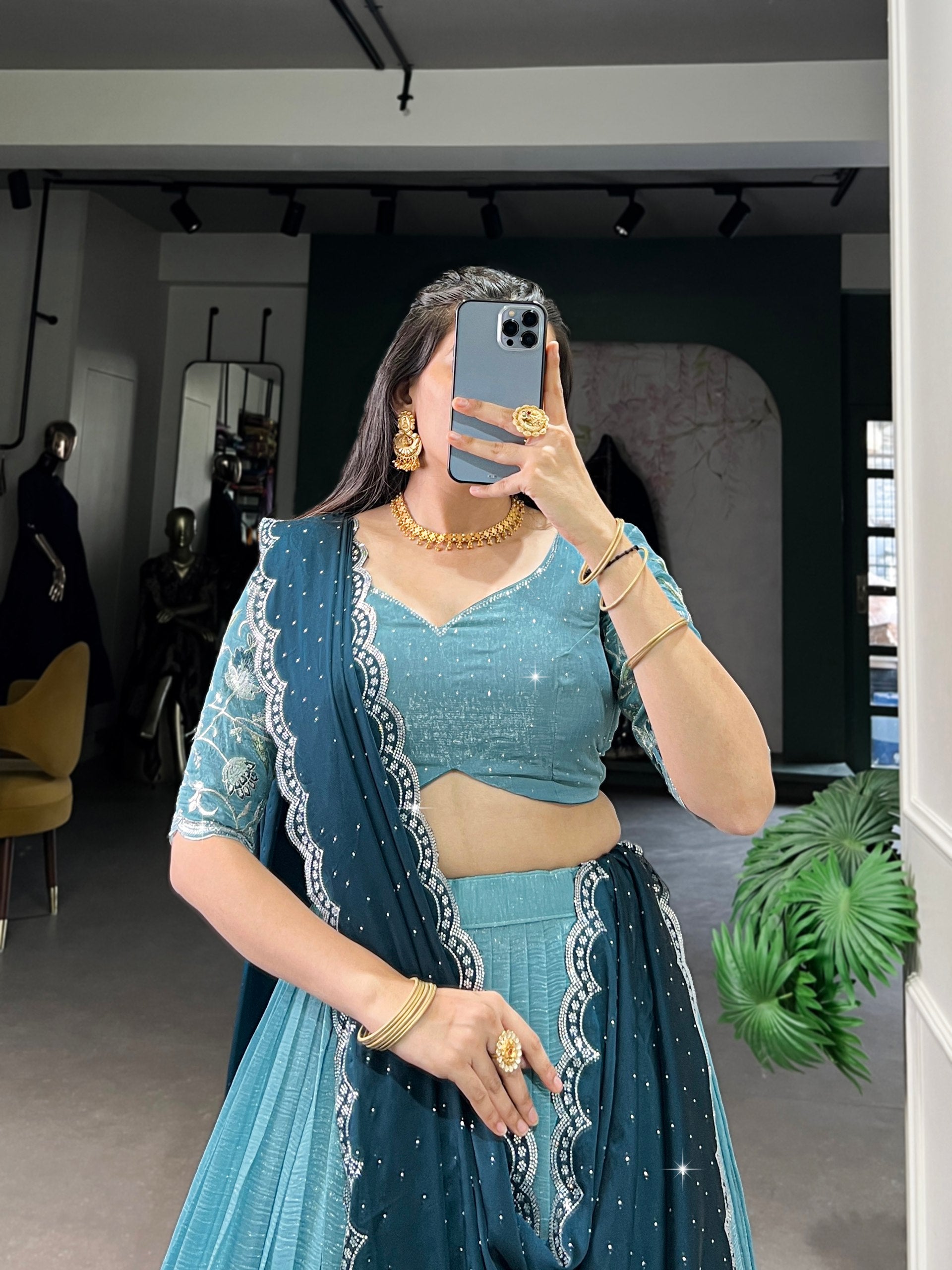 Attractive Silver Glosy Thread Sequins Worked Lehenga Choli - ETHNICDEAL