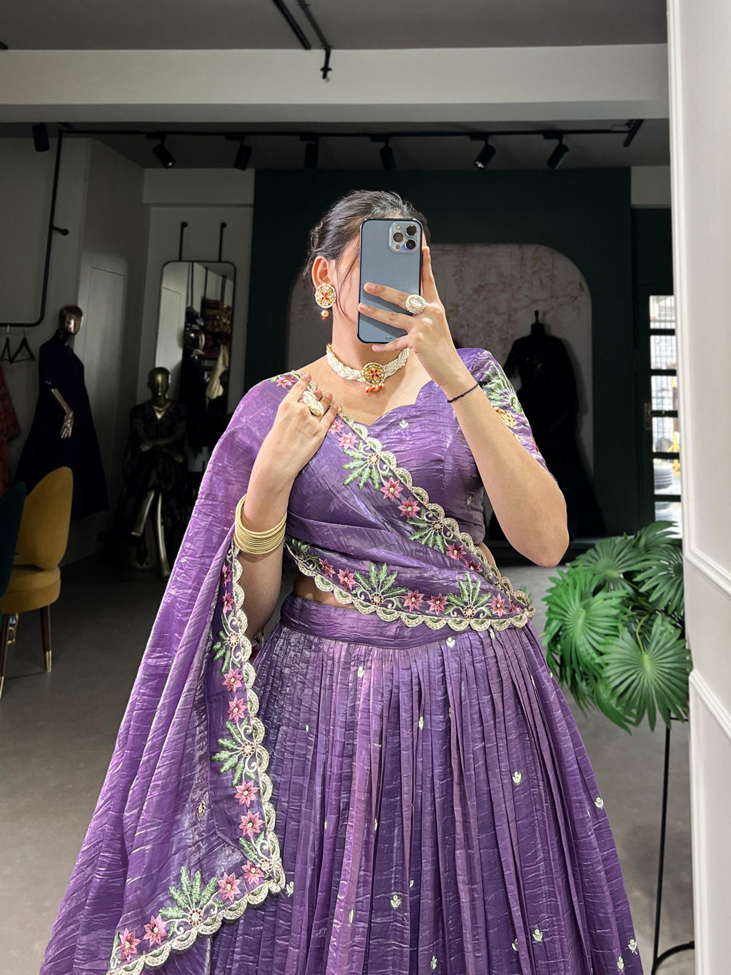 Mesmerizing Gold Crush Sequins Thread Worked Lehenga Choli - ETHNICDEAL