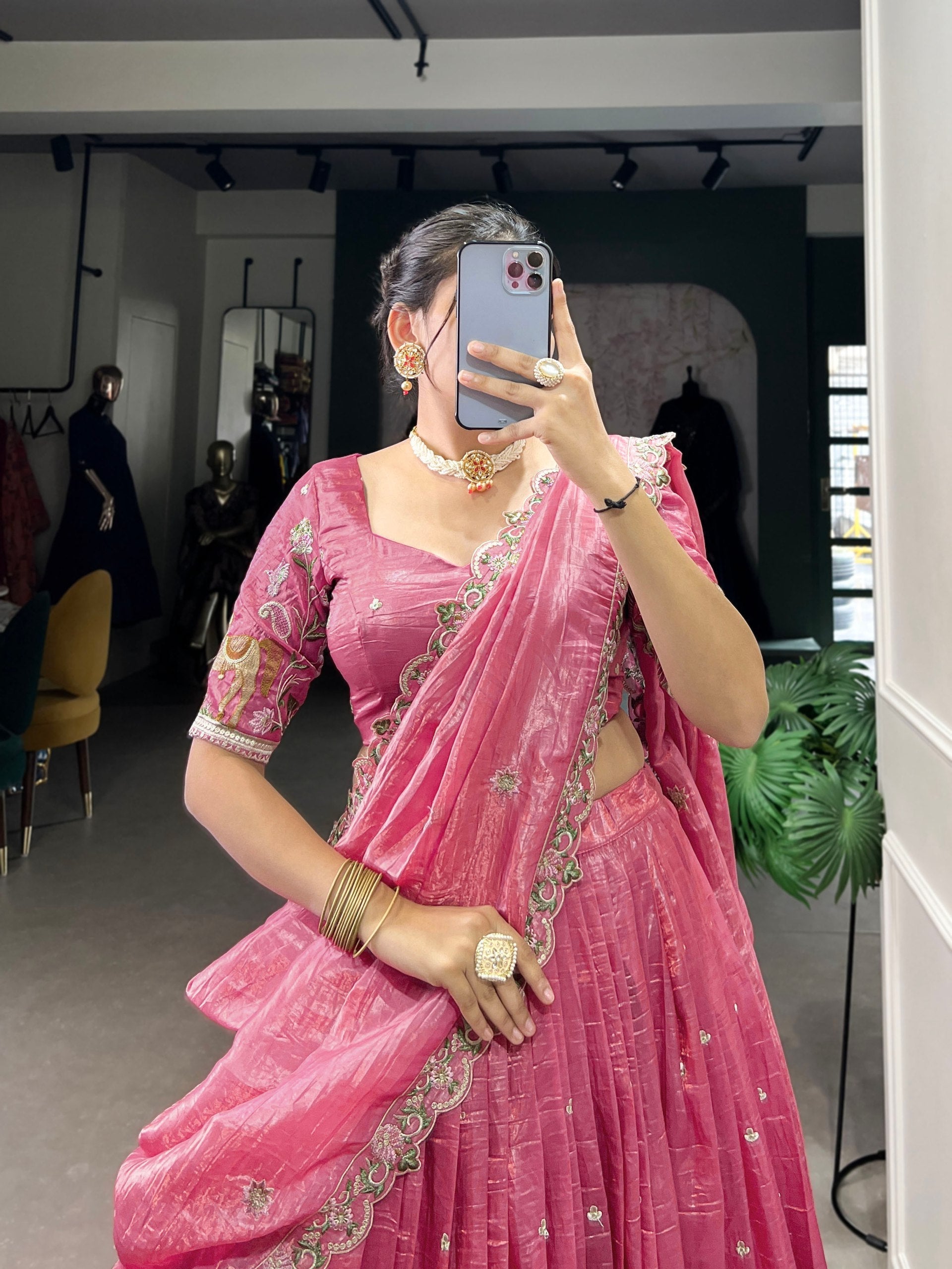 Mesmerizing Gold Crush Sequins Thread Worked Lehenga Choli - ETHNICDEAL