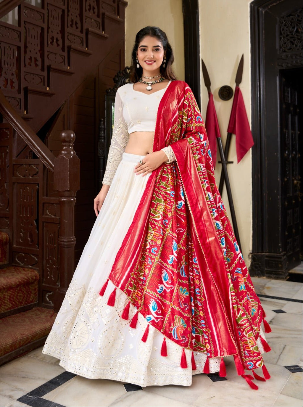 Spellbinding White Georgette Lucknowi Foil Mirror Worked Lehenga Choli - Ethnicwish