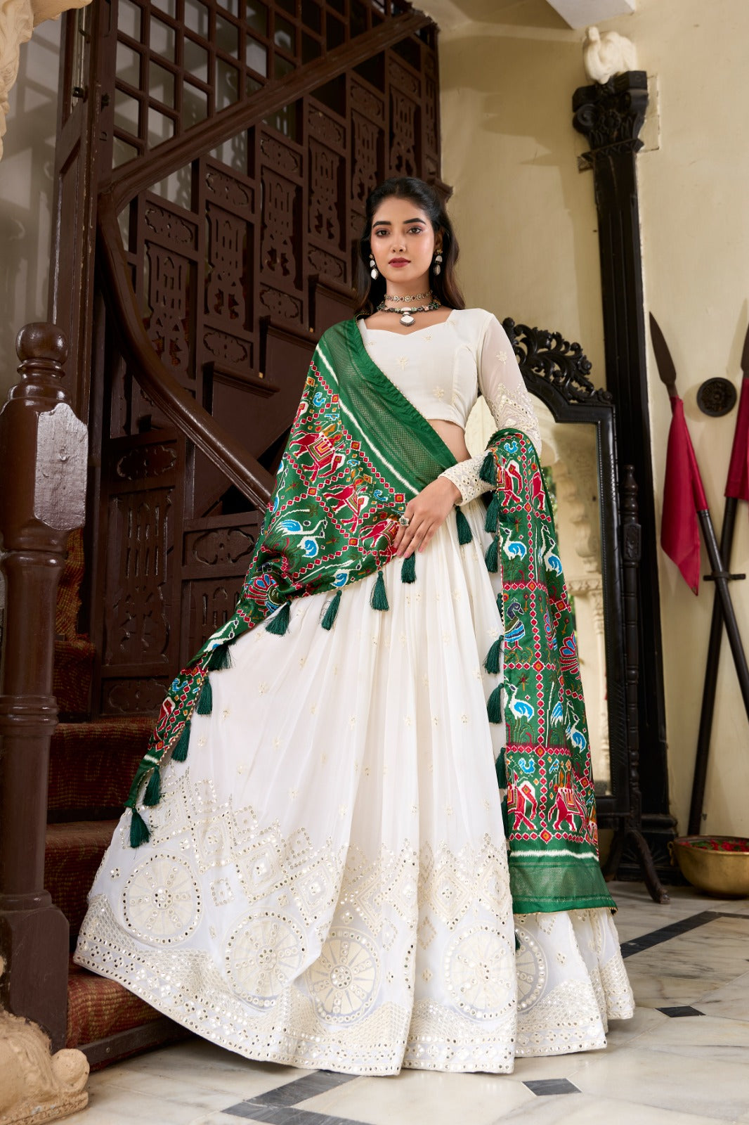 Spellbinding White Georgette Lucknowi Foil Mirror Worked Lehenga Choli - Ethnicwish