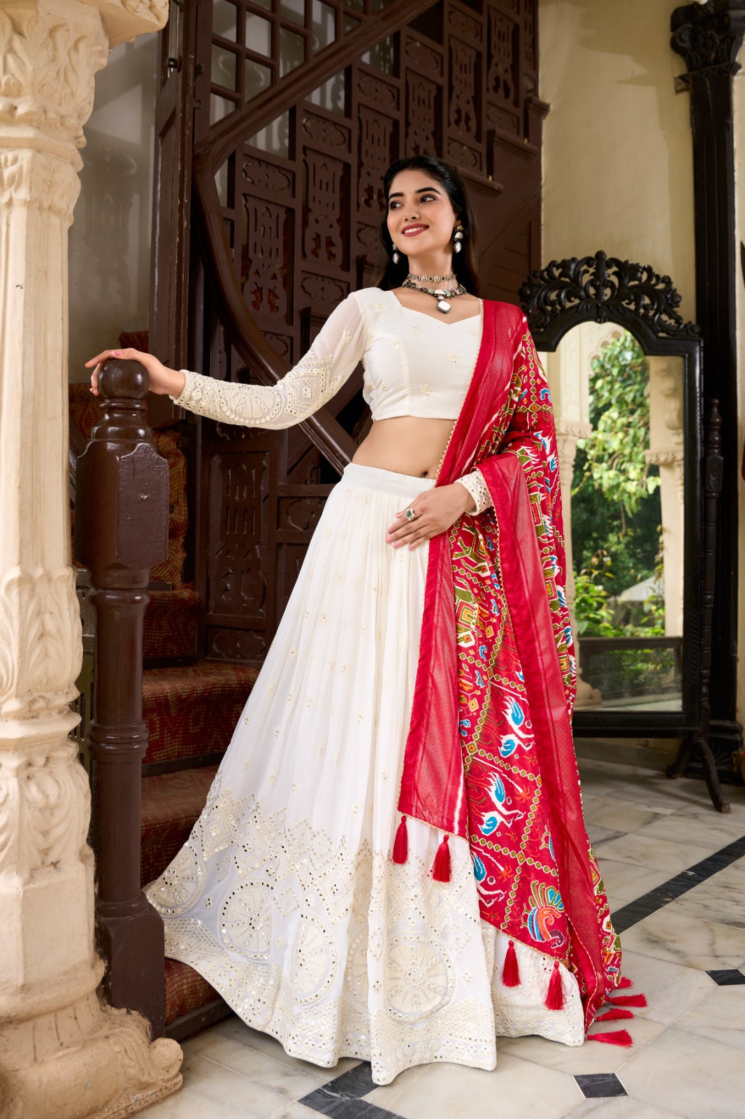 Spellbinding White Georgette Lucknowi Foil Mirror Worked Lehenga Choli - Ethnicwish