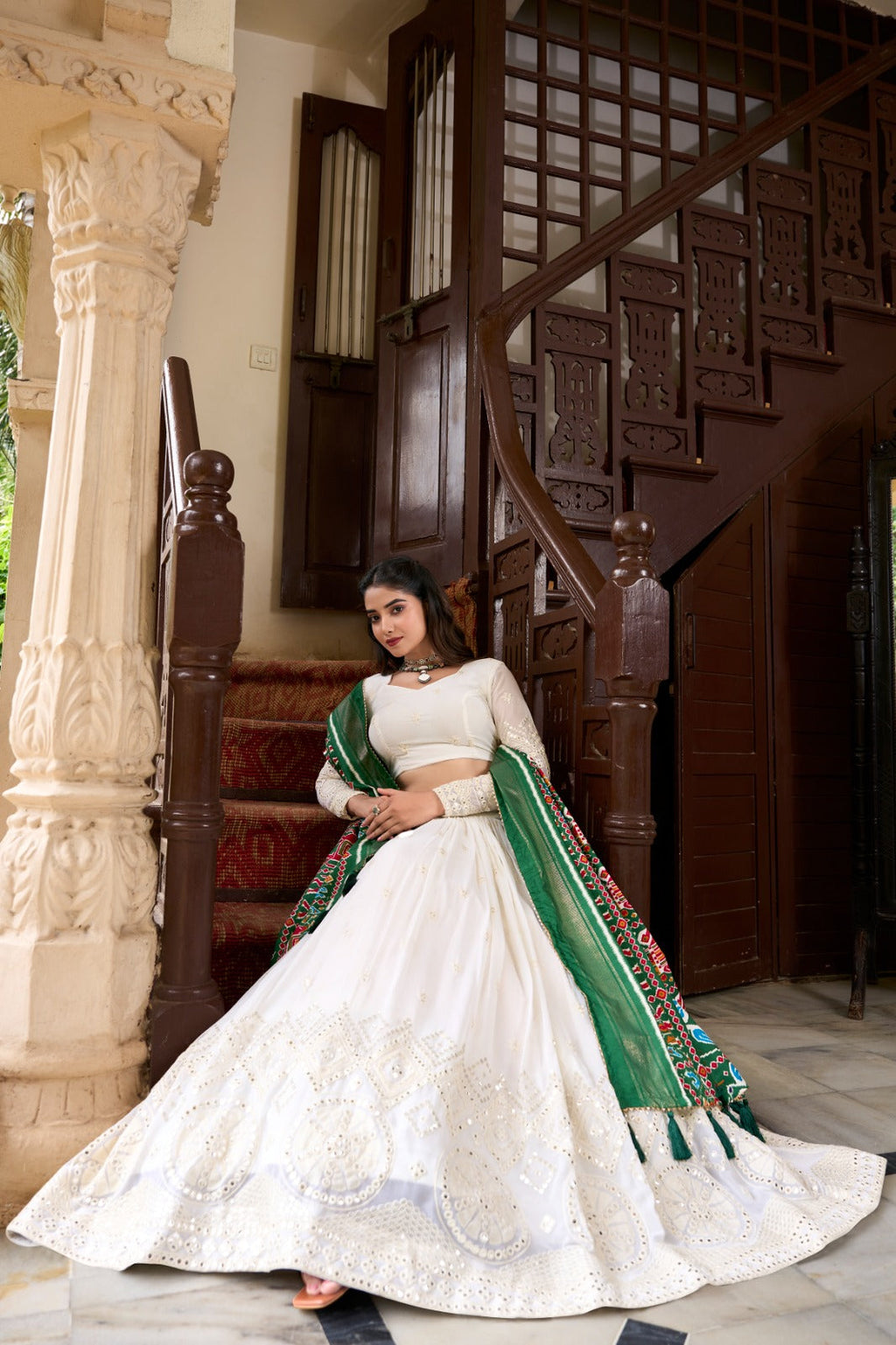 Spellbinding White Georgette Lucknowi Foil Mirror Worked Lehenga Choli - Ethnicwish