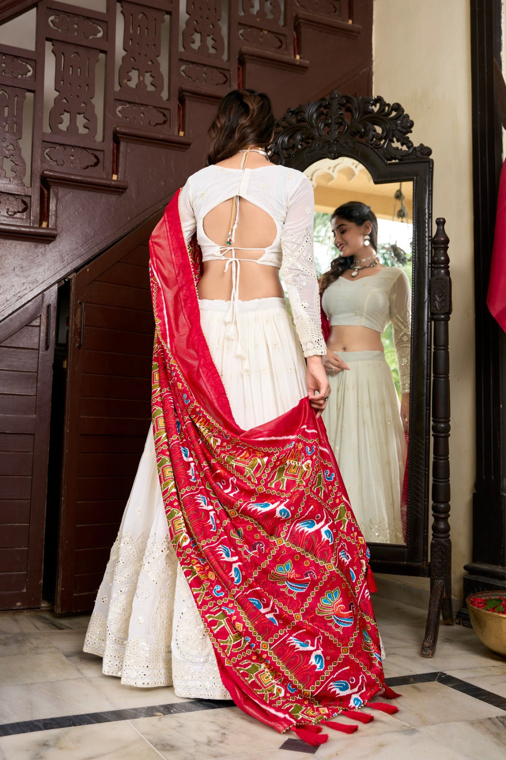 Spellbinding White Georgette Lucknowi Foil Mirror Worked Lehenga Choli - Ethnicwish