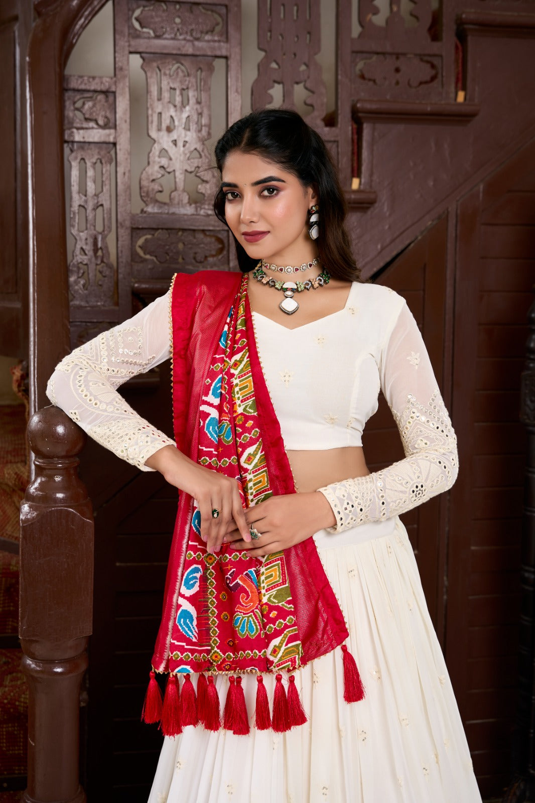 Spellbinding White Georgette Lucknowi Foil Mirror Worked Lehenga Choli - Ethnicwish