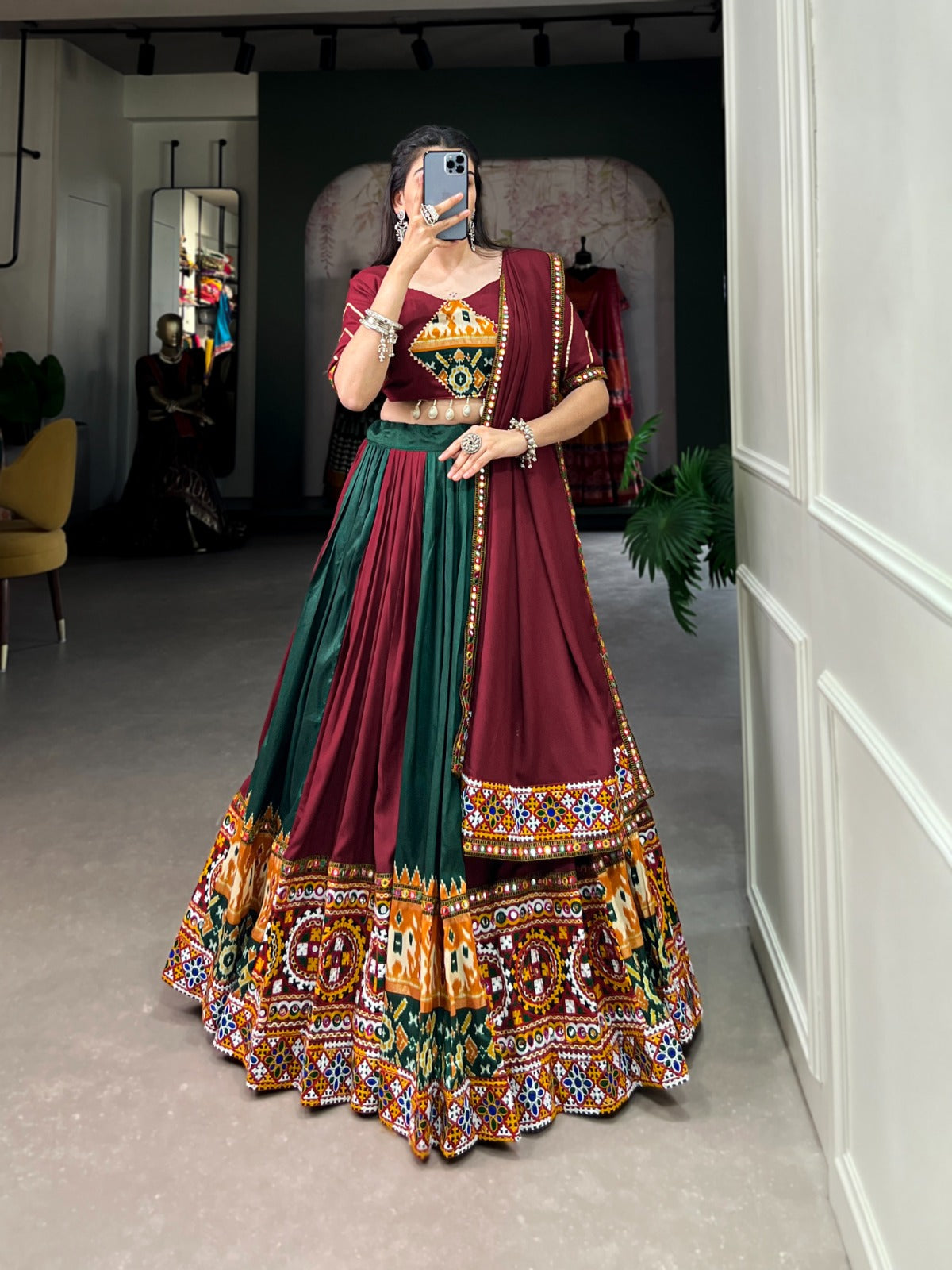 Dashing Navratri Wear Rayon Gamthi Mirror Worked Lehenga Choli - Ethnicwish