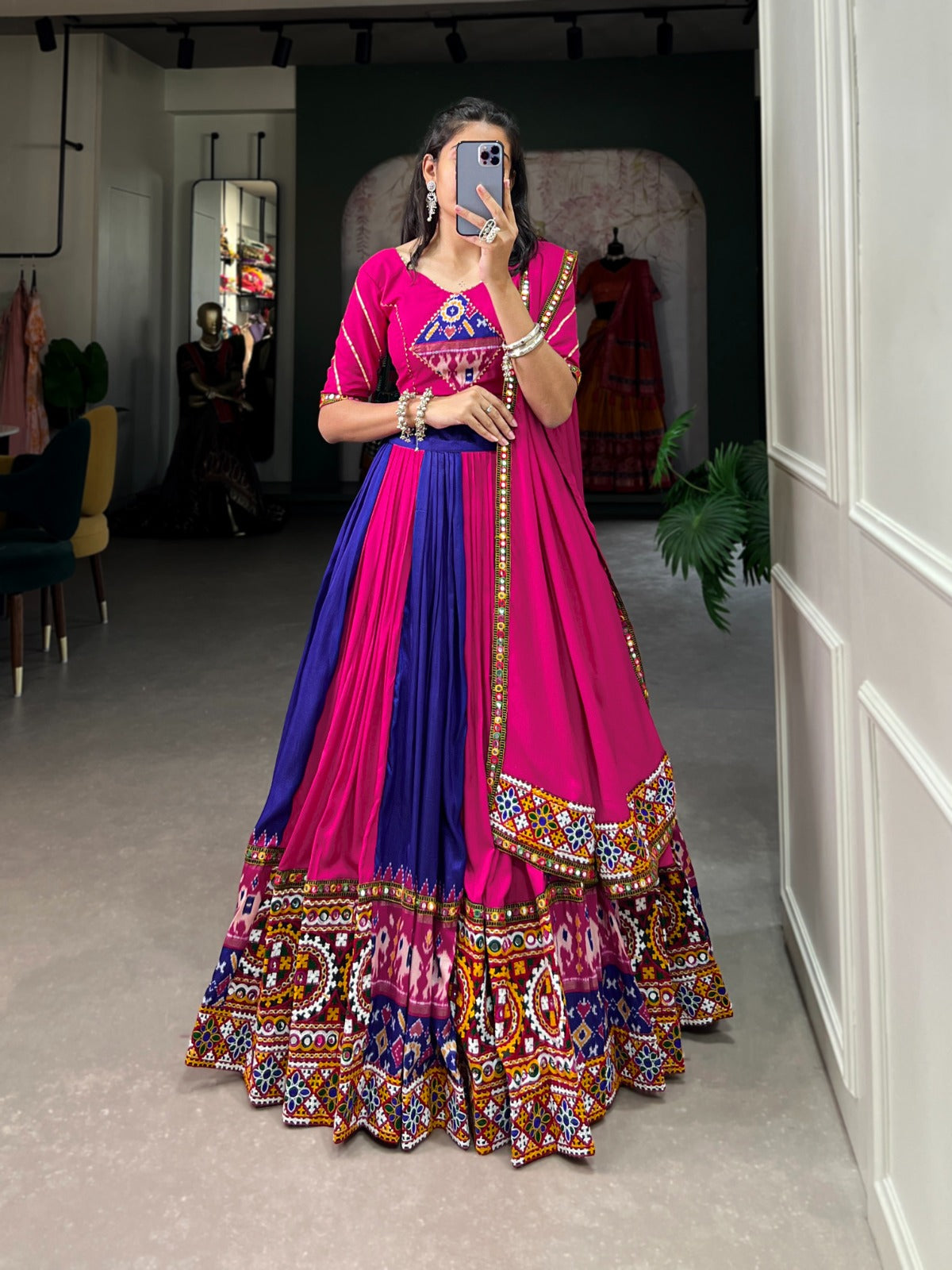 Dashing Navratri Wear Rayon Gamthi Mirror Worked Lehenga Choli - Ethnicwish