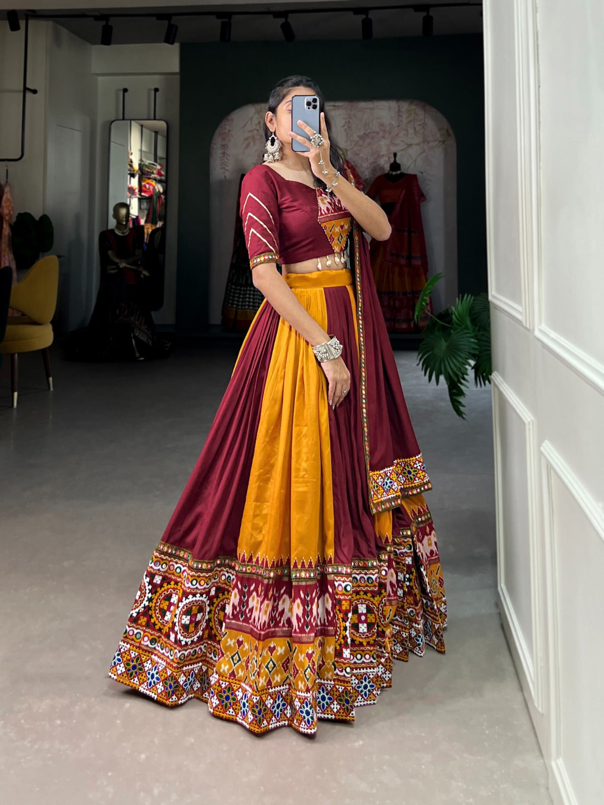Dashing Navratri Wear Rayon Gamthi Mirror Worked Lehenga Choli - Ethnicwish