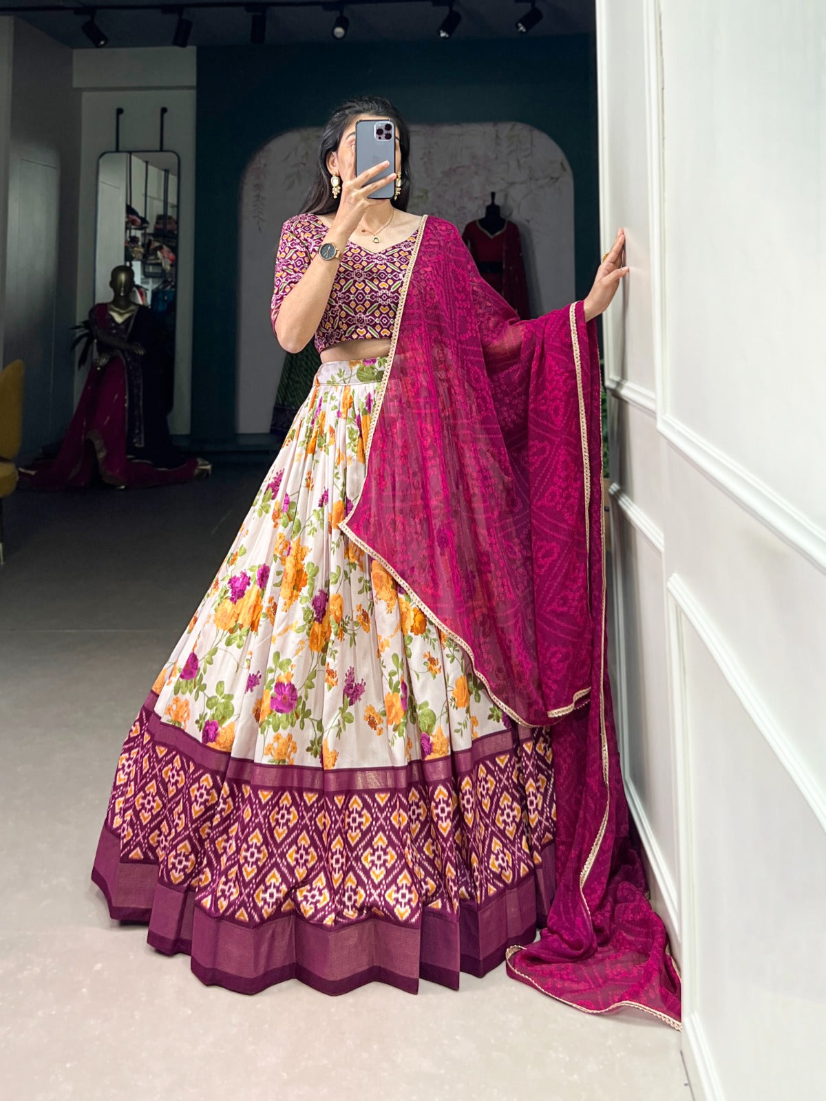 Stylish Wine Tussar Silk Floral Patola Printed Lehenga Choli Set - Ethnicwish