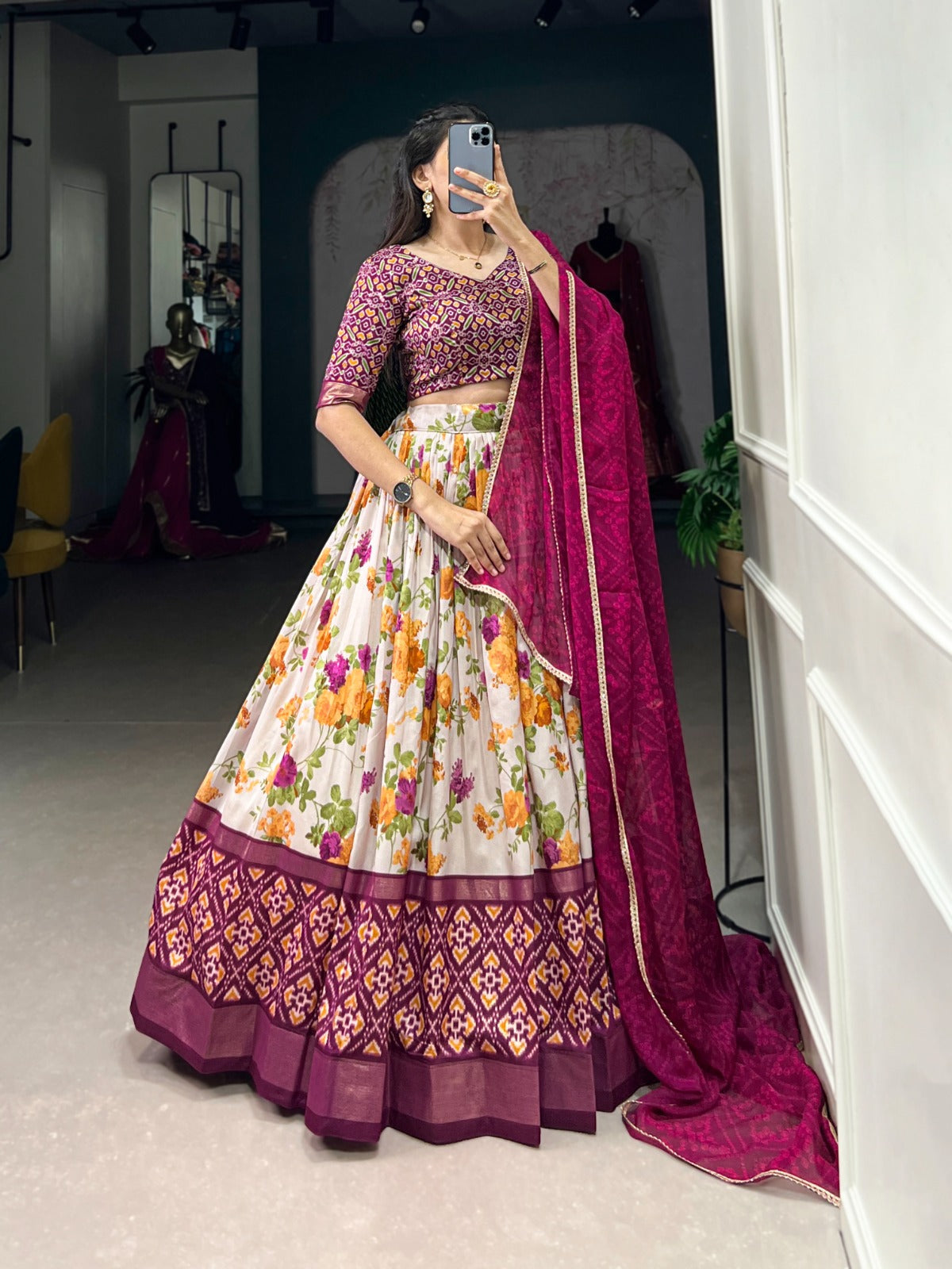 Stylish Wine Tussar Silk Floral Patola Printed Lehenga Choli Set - Ethnicwish