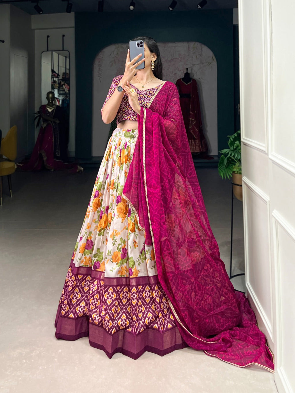 Stylish Wine Tussar Silk Floral Patola Printed Lehenga Choli Set - Ethnicwish
