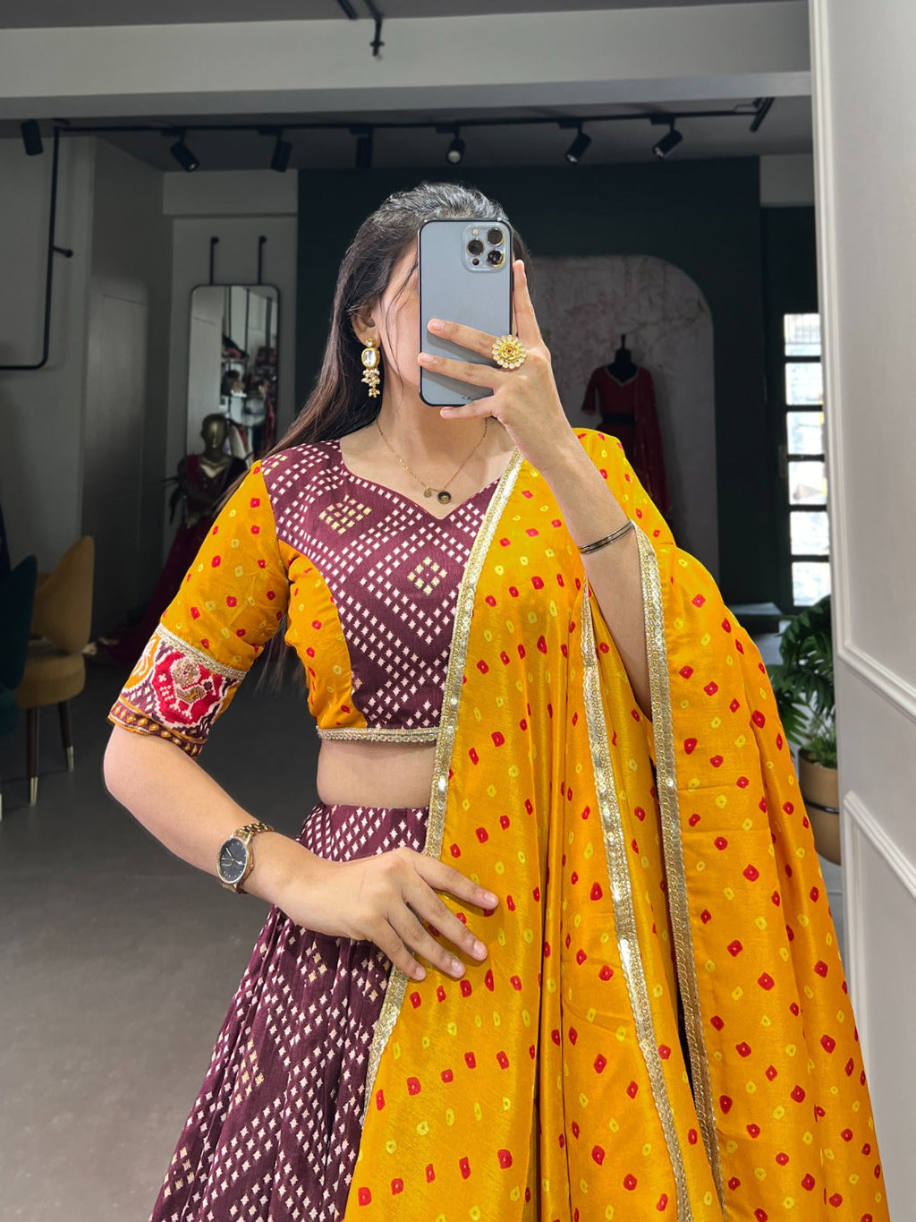 Delightful Tussar Silk Patola Printed Lehenga Choli Set - Ethnicwish