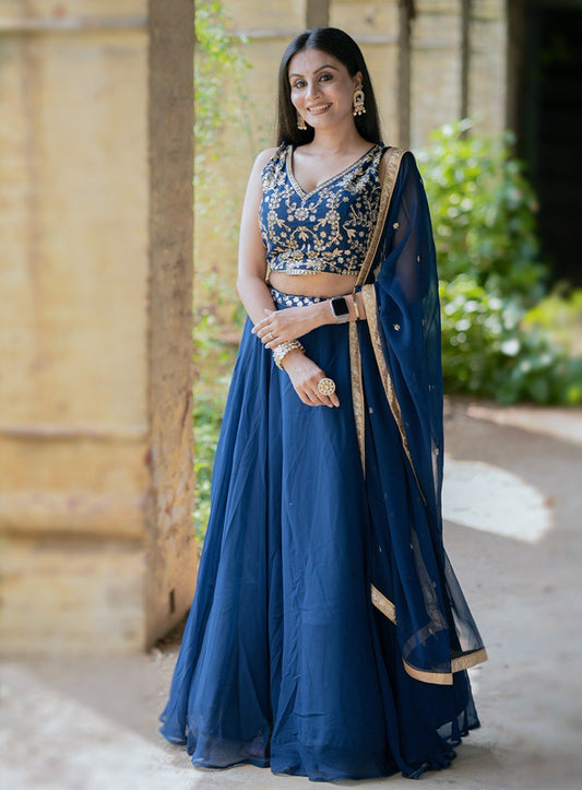 Gorgeous Navy Blue Sequins Thread Worked Lehenga Choli - Ethnicwish