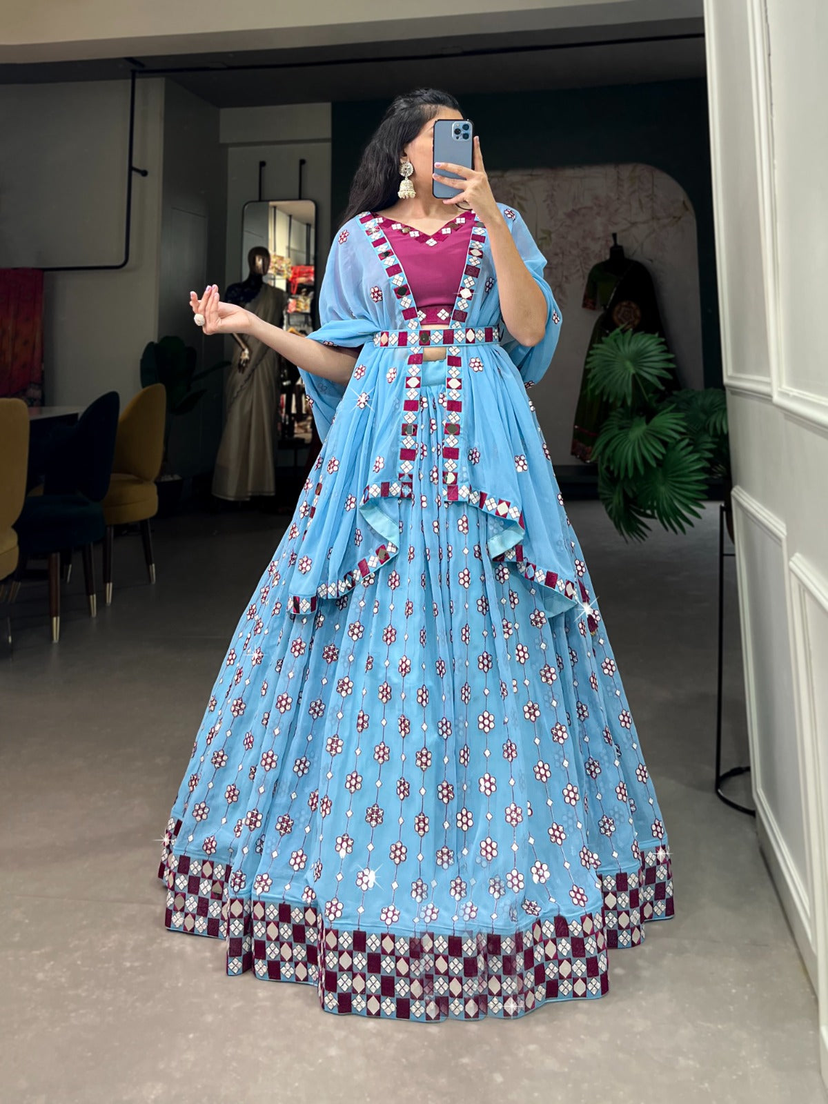 Lovely Sky Blue Georgette Sequins Embroidered Mirror Worked Lehenga Choli - Ethnicwish