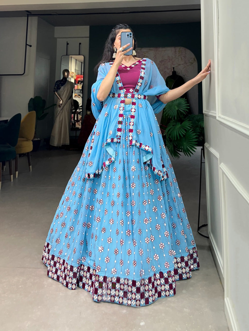 Lovely Sky Blue Georgette Sequins Embroidered Mirror Worked Lehenga Choli - Ethnicwish