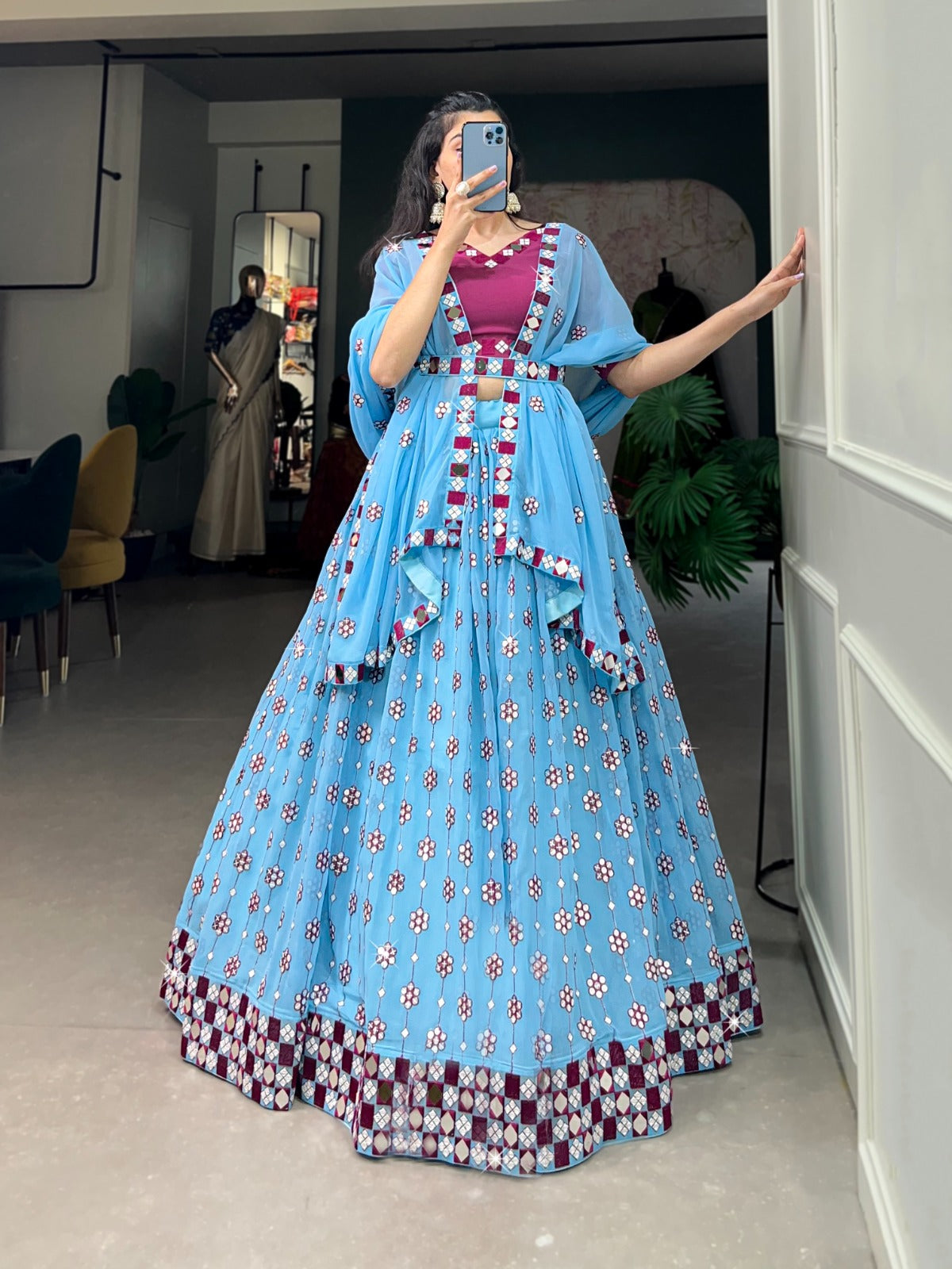 Lovely Sky Blue Georgette Sequins Embroidered Mirror Worked Lehenga Choli - Ethnicwish
