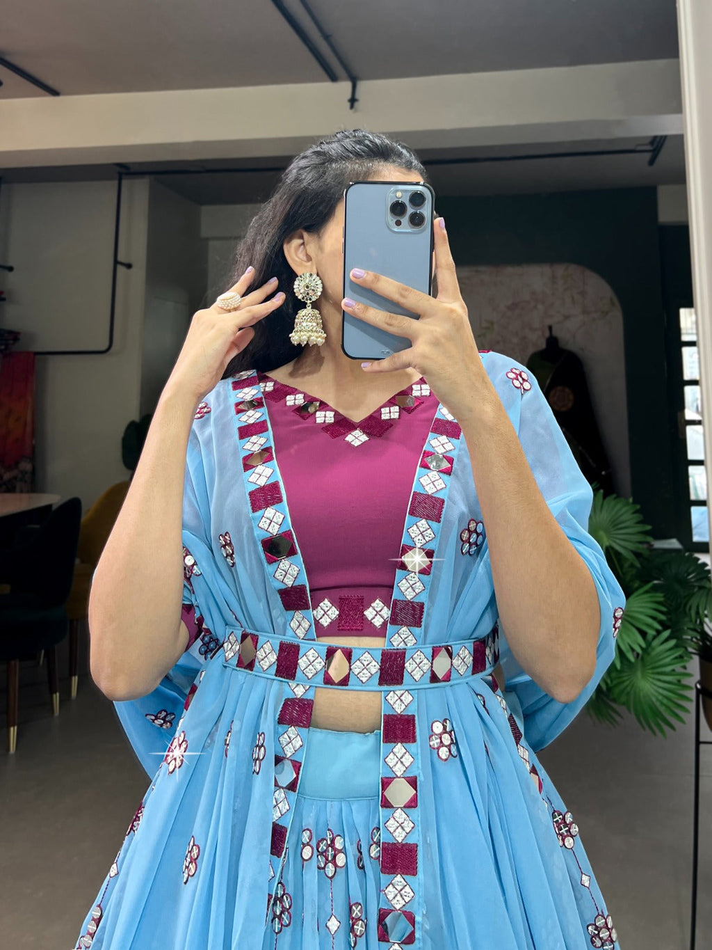 Lovely Sky Blue Georgette Sequins Embroidered Mirror Worked Lehenga Choli - Ethnicwish