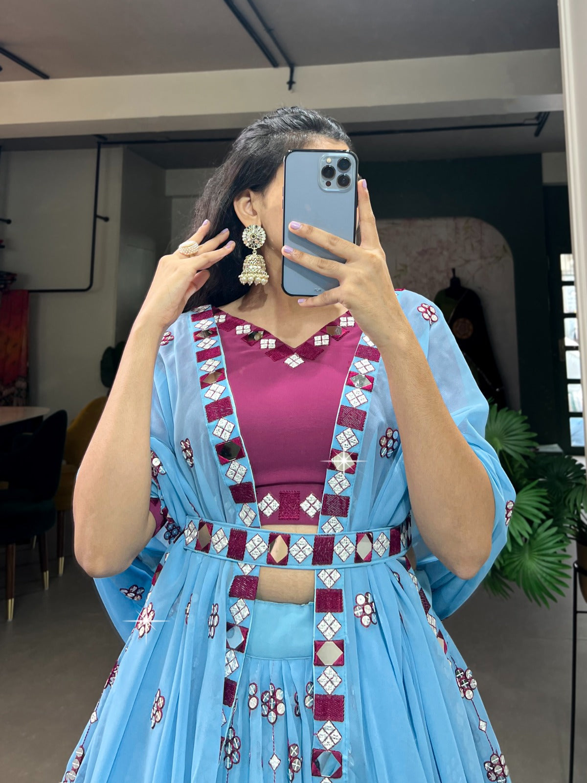 Lovely Sky Blue Georgette Sequins Embroidered Mirror Worked Lehenga Choli - Ethnicwish