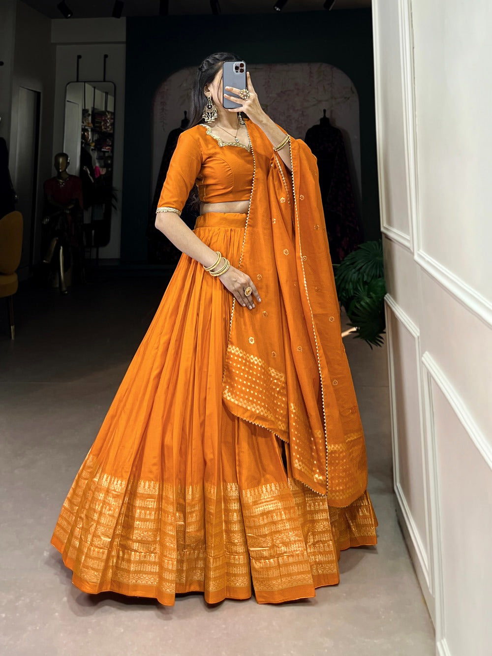 Resplendent Pure Chanderi Silk Zari Weaving Worked Lehenga Choli - ETHNICDEAL
