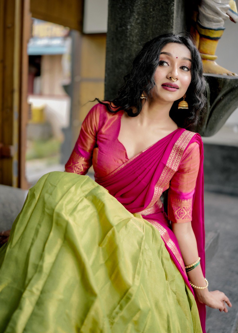 Stunning Pista Green Kanchipuram Silk Zari Weaving Worked Lehenga Choli - Ethnicwish