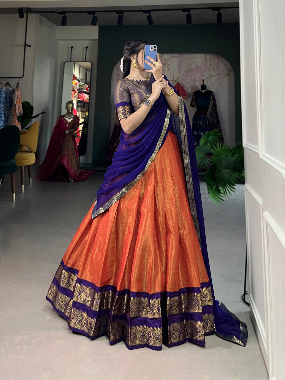 Entrancing Kanchipuram Silk Zari Weaving Worked Lehenga Choli - Ethnicwish