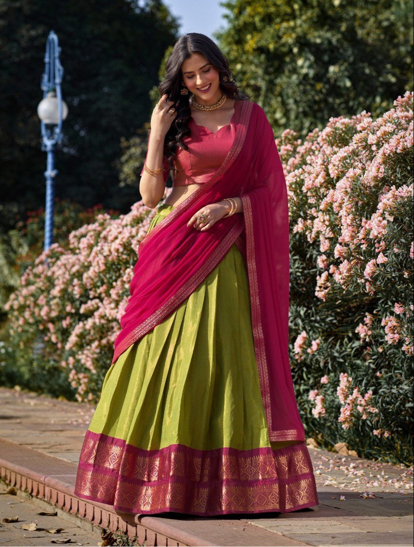 Entrancing Kanchipuram Silk Zari Weaving Worked Lehenga Choli - Ethnicwish