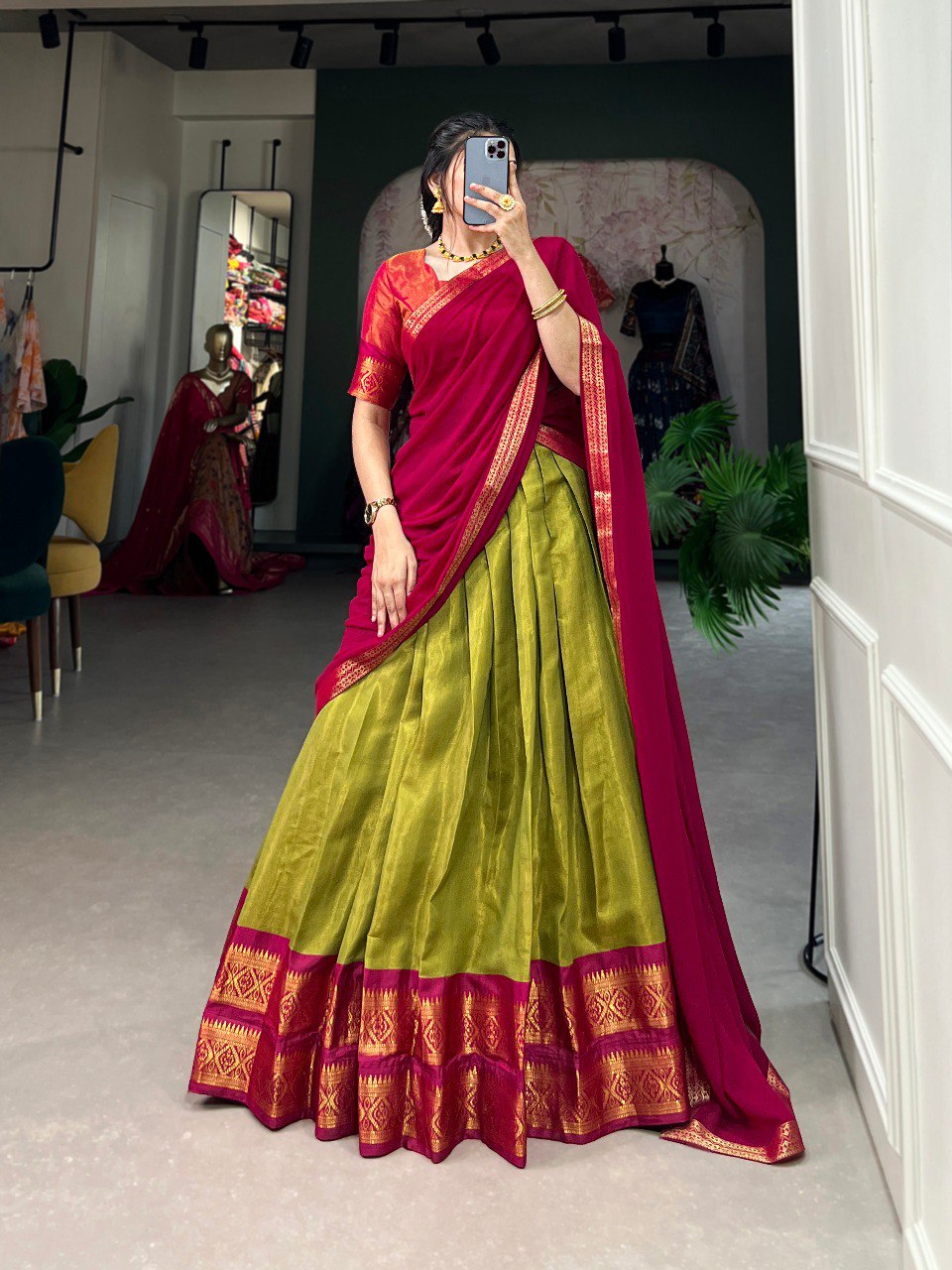 Stunning Pista Green Kanchipuram Silk Zari Weaving Worked Lehenga Choli - Ethnicwish