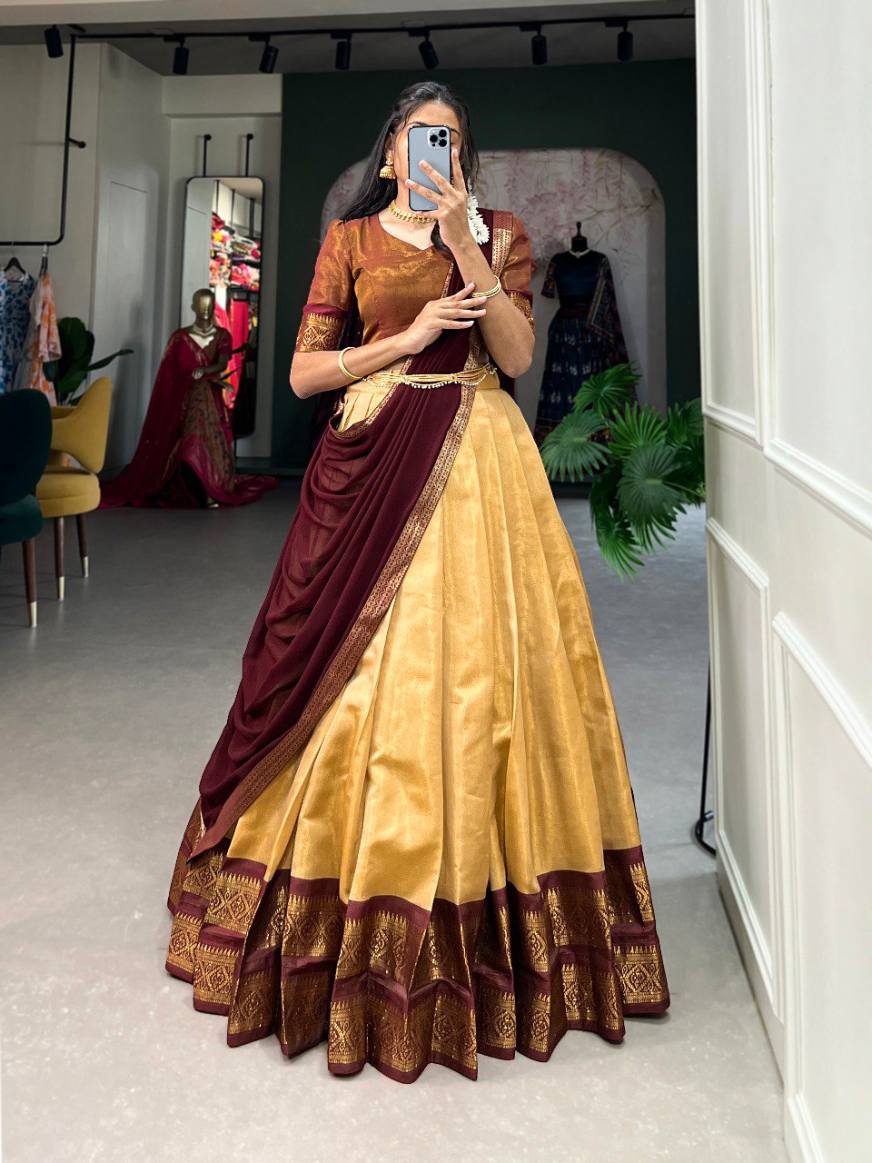 Entrancing Kanchipuram Silk Zari Weaving Worked Lehenga Choli - Ethnicwish