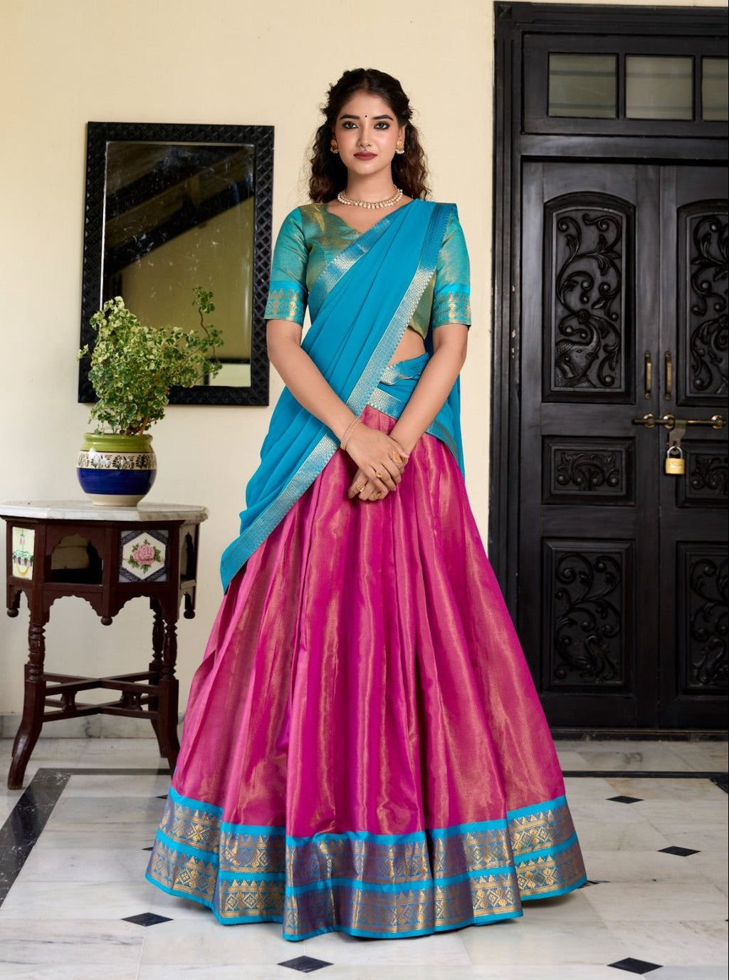 Stunning Kanchipuram Silk Zari Weaving Worked Lehenga Choli - Ethnicwish