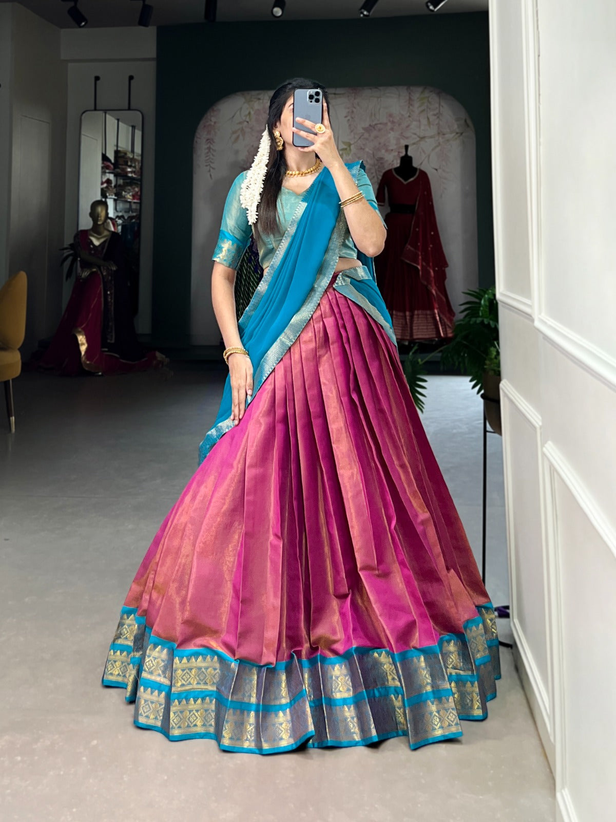 Stunning Kanchipuram Silk Zari Weaving Worked Lehenga Choli - Ethnicwish