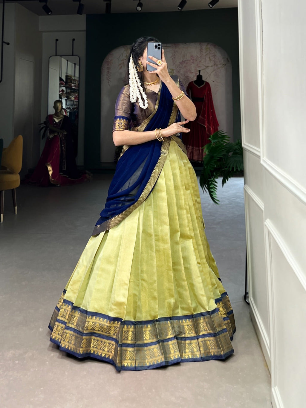 Stunning Kanchipuram Silk Zari Weaving Worked Lehenga Choli - Ethnicwish