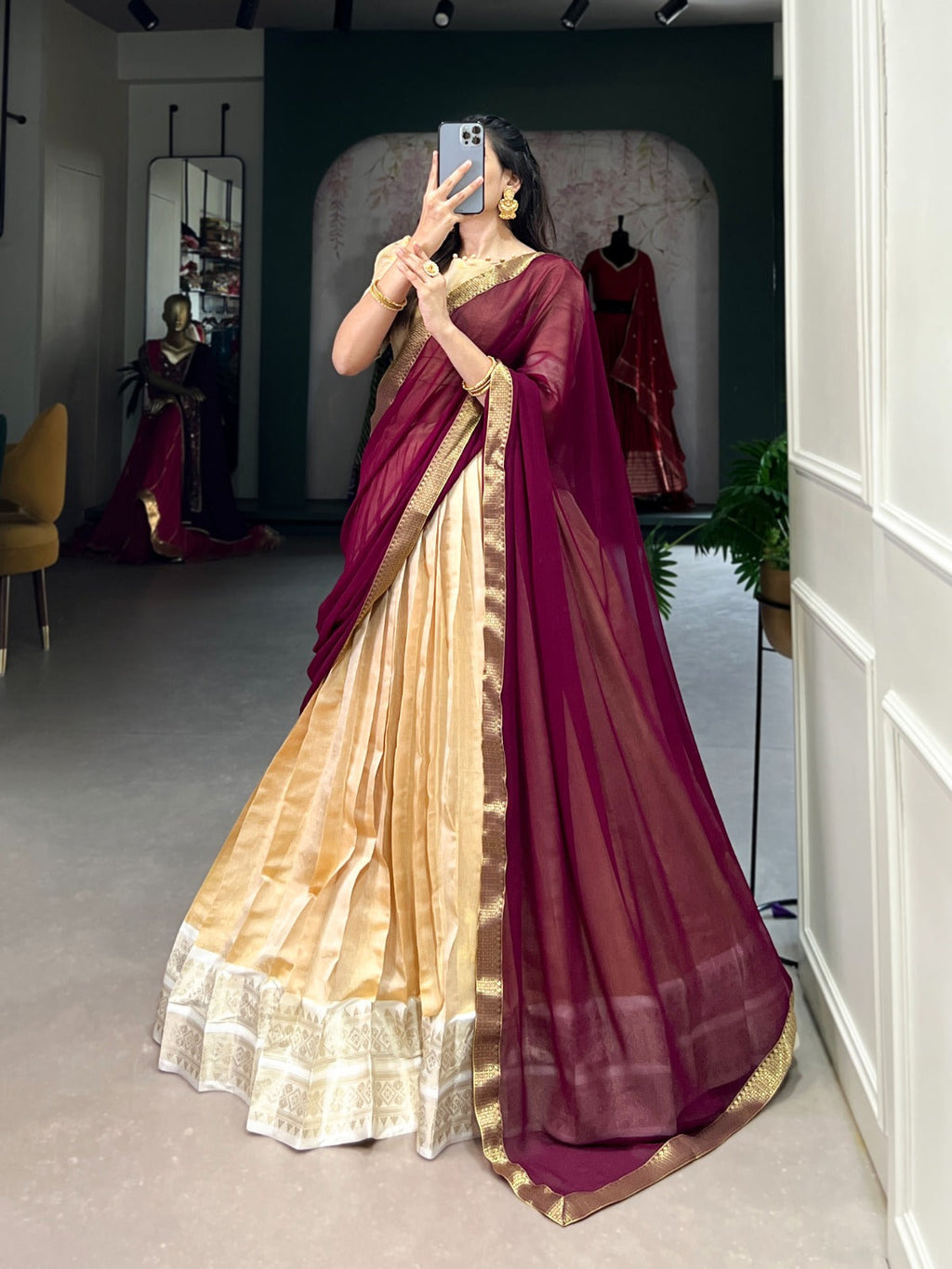 Stunning Kanchipuram Silk Zari Weaving Worked Lehenga Choli - Ethnicwish